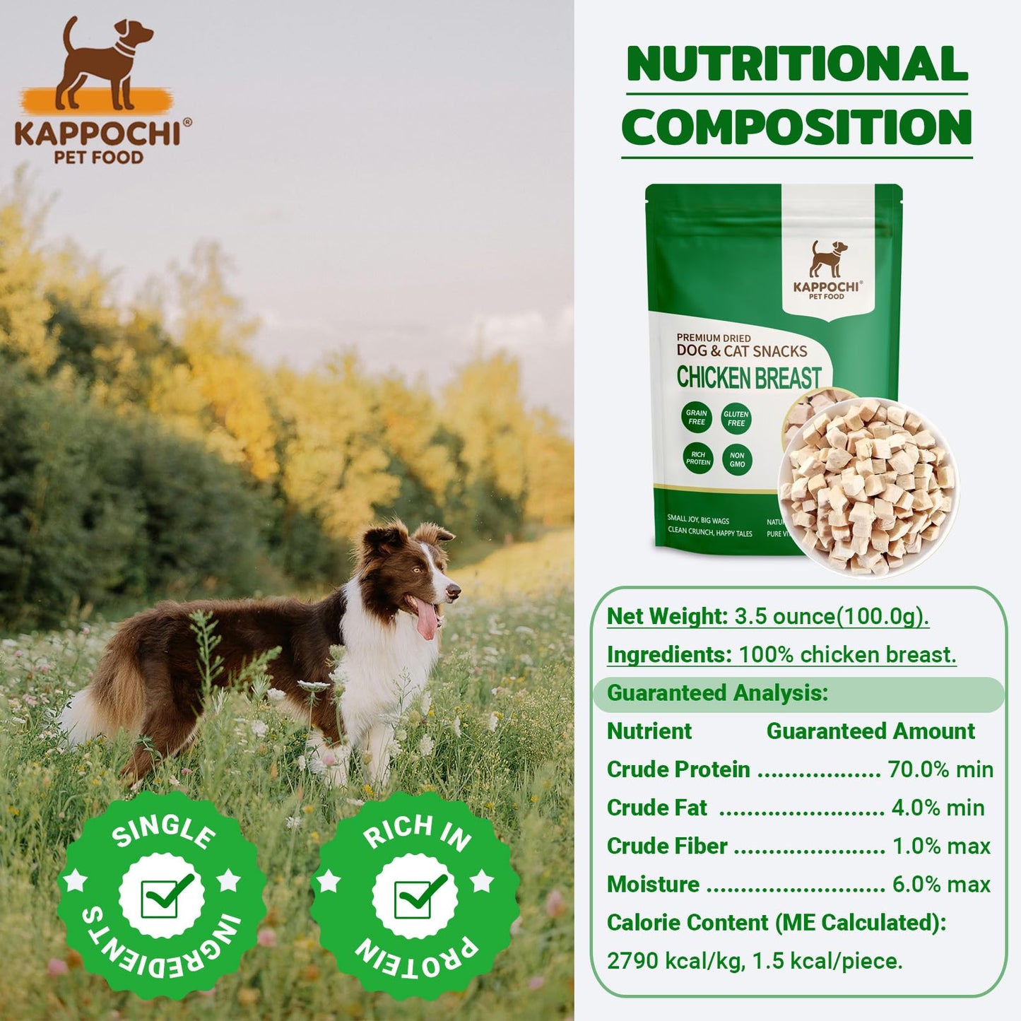 KAPPOCHI Freeze-Dried Chicken Breast Dog Treats, 3.5oz(100.0g), 100% Single Ingredient, Low Fat, High Protein Training Treats, Natural & Raw, No Additives, Grain Free, Gluten Free