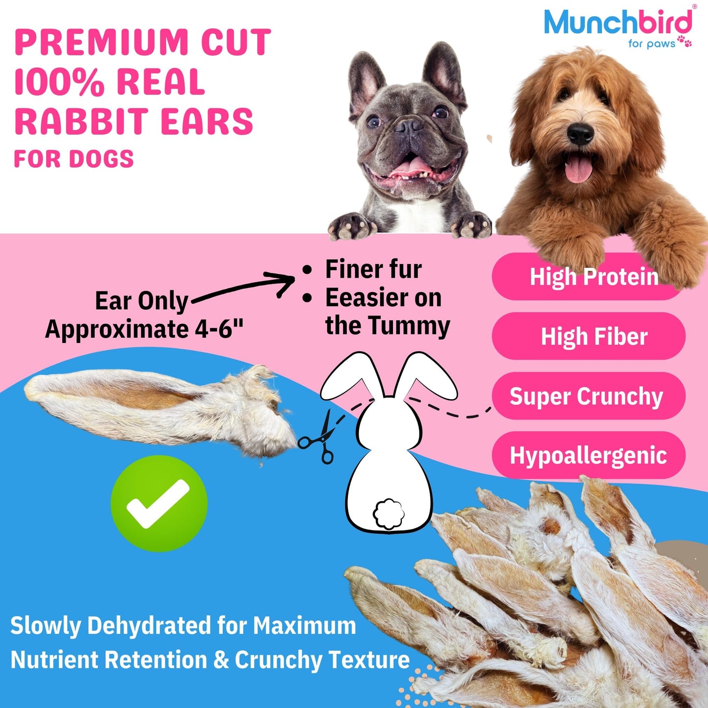 Munchbird Dehydrated Rabbit Ears for Dogs (Small Pack - 6pcs)