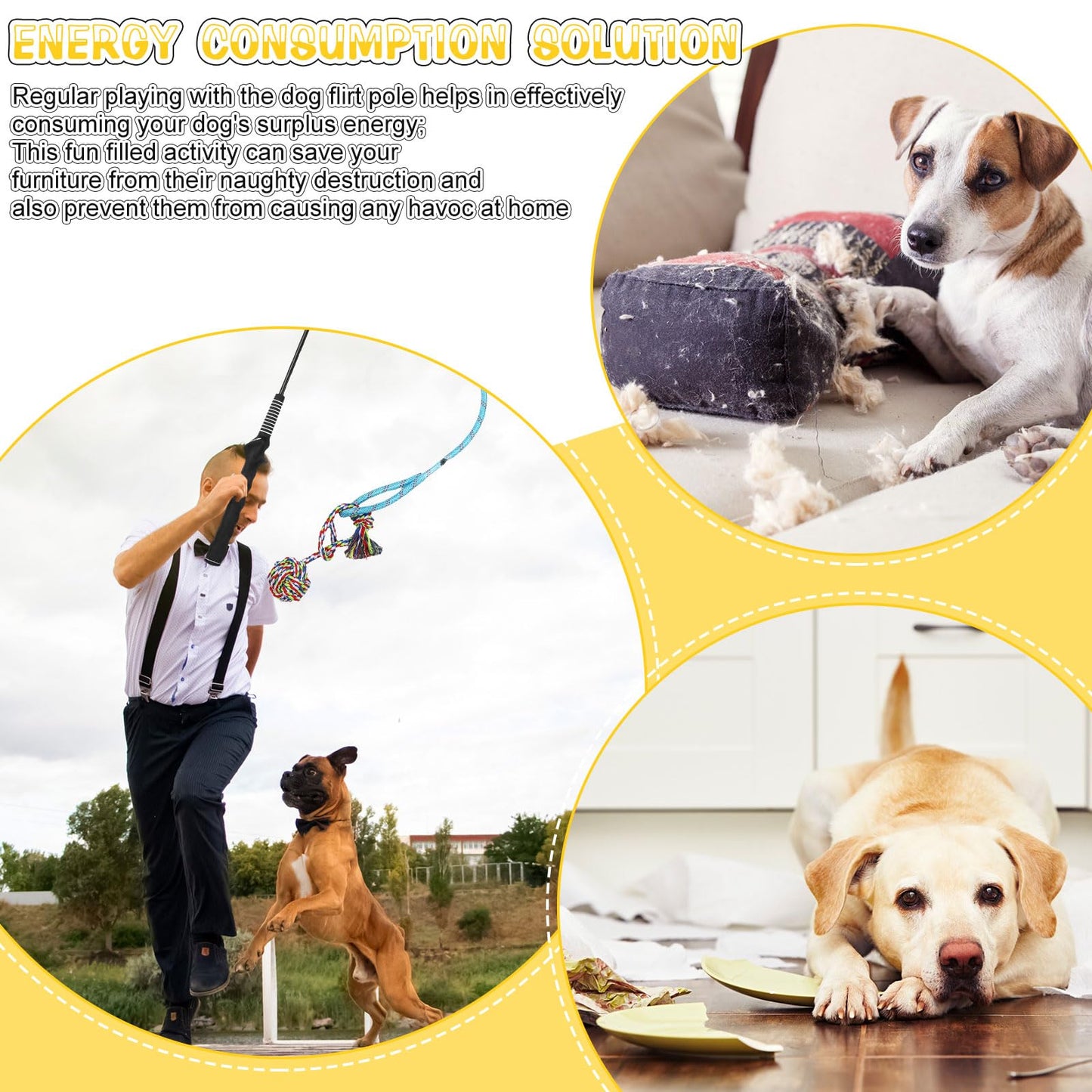 Leyndo 7 Pcs Flirt Pole for Dogs with 6 Flirt Pole Replacement Toys Puppy Teething Toys for Small Medium Dogs Exercise Training