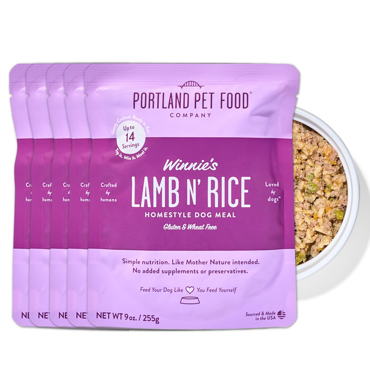 Portland Pet Food Company Winnie's Lamb N’ Rice Fresh Dog Food Pouches, Pet Meal Topper Mixers & Meals - Large & Small Breed Puppy & Senior Dogs - Human-Grade, Gluten-Free - Made in The USA - 5 Pack