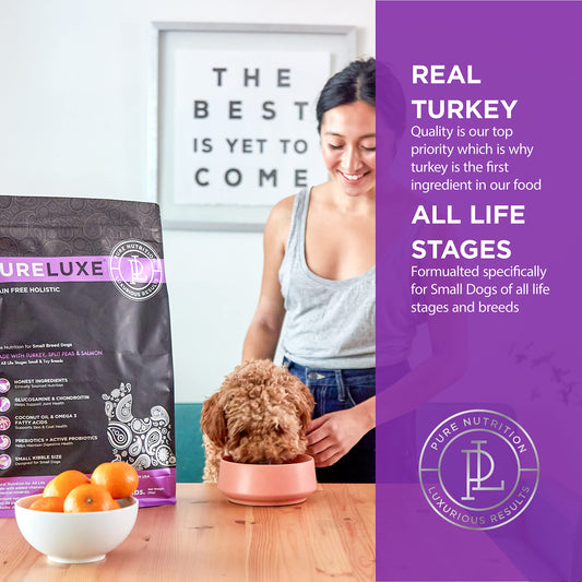 PURELUXE Grain and Gluten Free Dog Food, Turkey, Split Peas, and Salmon Elite Nutrition, for Small Breed Dogs at All Life Stages, Made in The USA, 4lbs