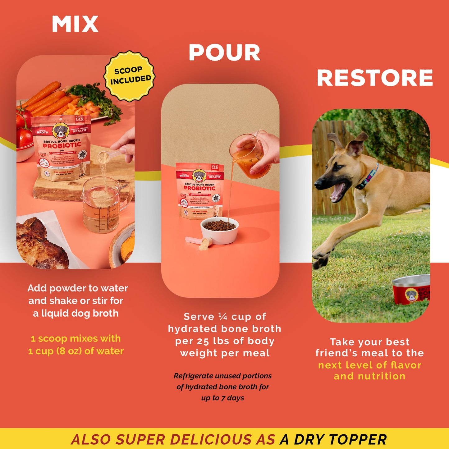 Brutus Bone Broth Probiotic Meal Toppers for Dogs Mega Pack (Pork) - Bone Broth Powder Fortified with Canine Probiotics - Dog Food Toppers for Dry Food - Makes 130oz of Liquid Bone Broth