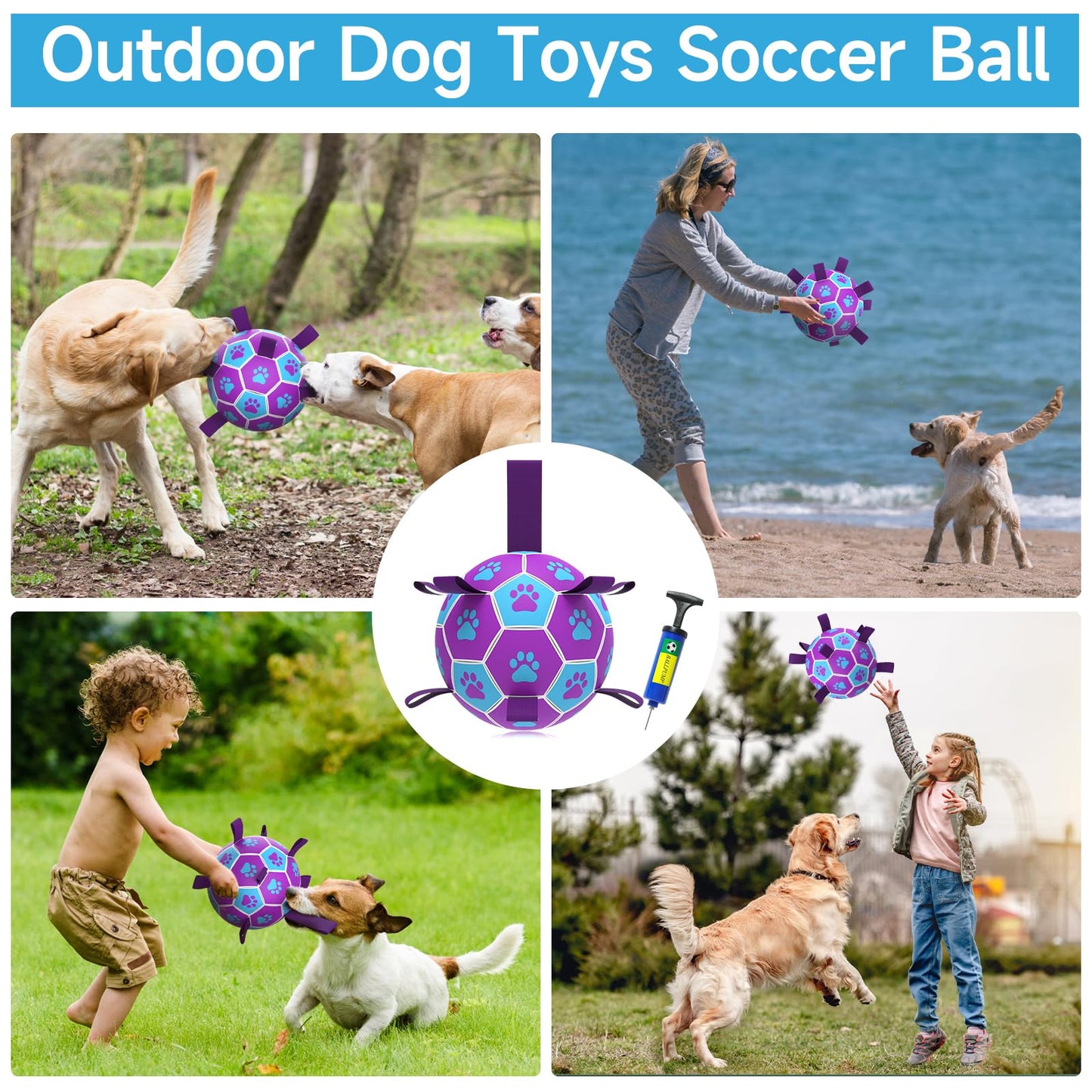 QDAN Dog Toys Soccer Ball - Durable Dog Balls with Strap for Medium Small Dogs, Puppy Birthday Gifts, Dog Tug Toy for Tug of War (8 Inch)
