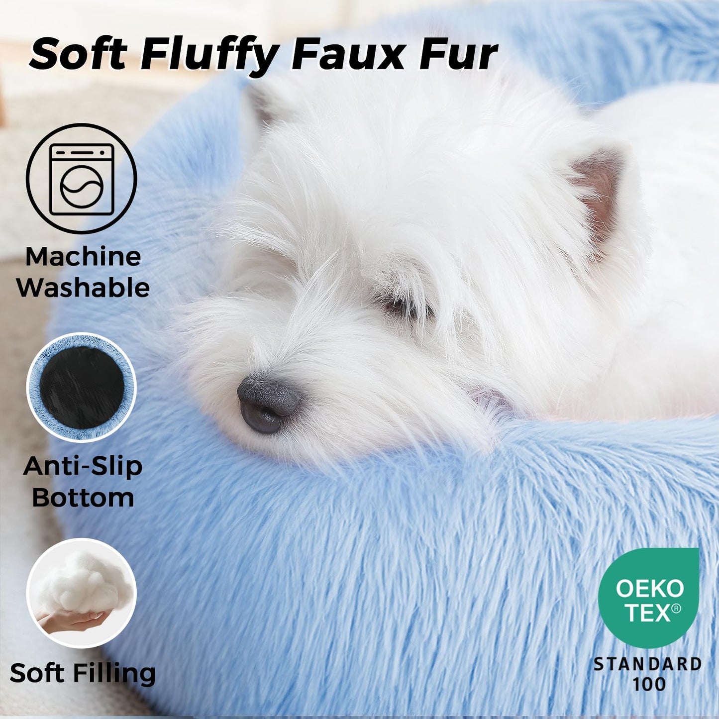 Calming Dog Bed & Cat Bed with Anti-Slip Bottom, Medium Size Washable Anti-Anxiety Donut Dog Beds for Small Dogs & Cats, Fluffy Plush Cozy Round Dog Bed(24 Inch, Light Blue)