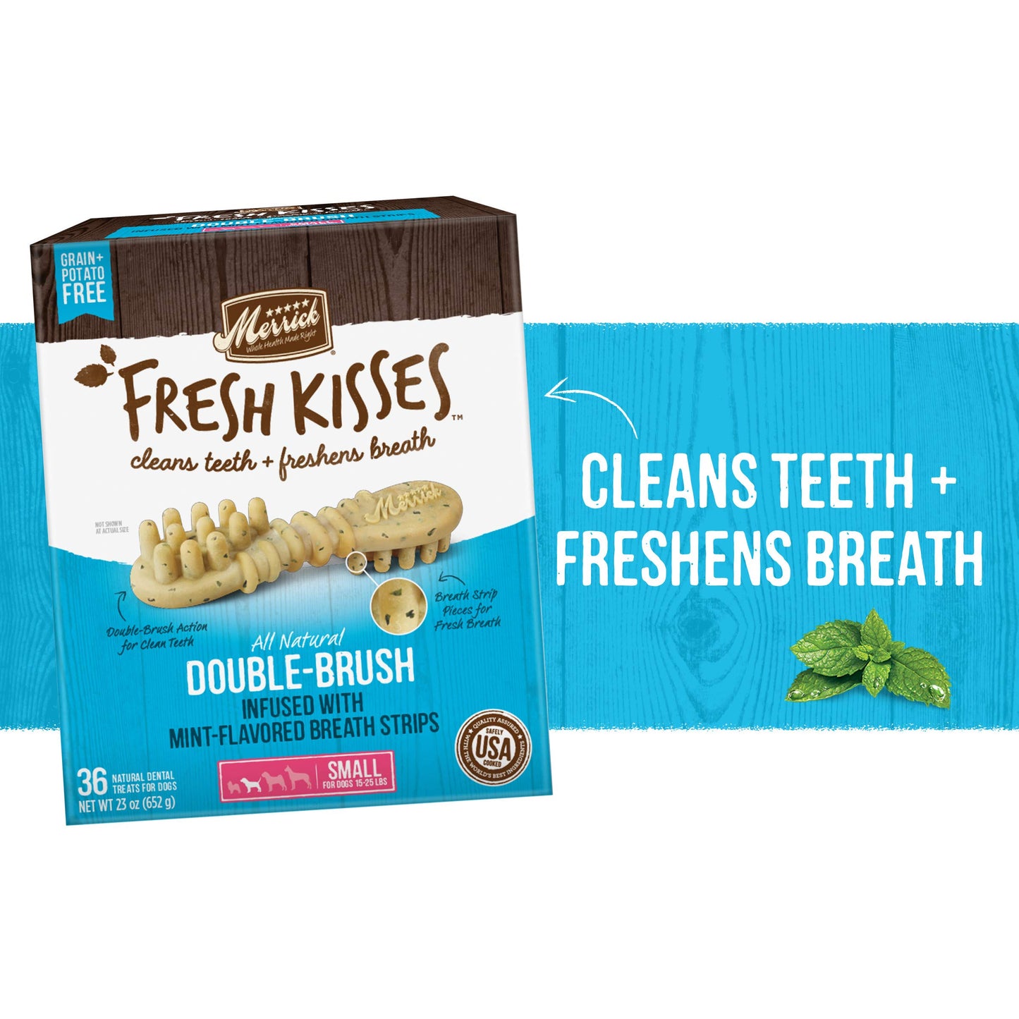 Merrick Fresh Kisses Natural Dental Chews, Toothbrush Treat Shape Infused with Real Mint, Small Dogs 15-25 Lbs - 48 ct. Box