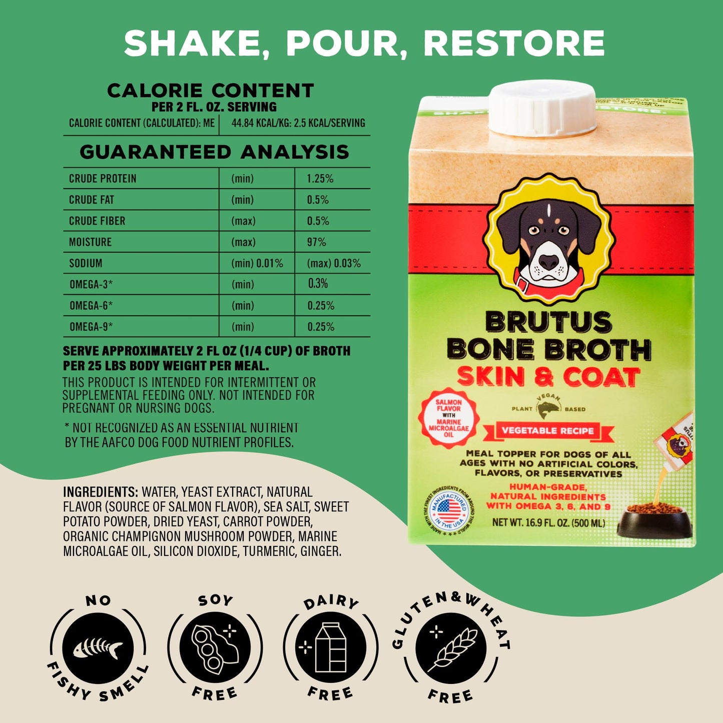 Brutus Vegetable Broth for Dogs 16.9 oz | All Natural | Made in USA | Omegas & Turmeric for Healthy Skin & Coat | Human Grade Ingredients | Hydrating Dog Food Topper, Gravy & Treat Salmon (Pack of 6)