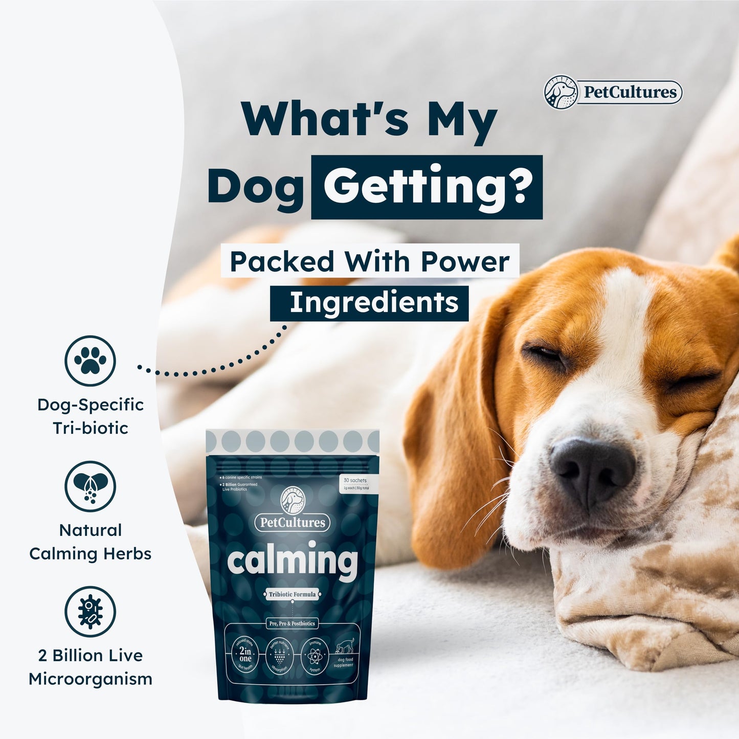 PetCultures Calming Synbiotic Formula - with L-Theanine, L-Tryptophan, Probiotics, and B-Vitamins in 30 Packs