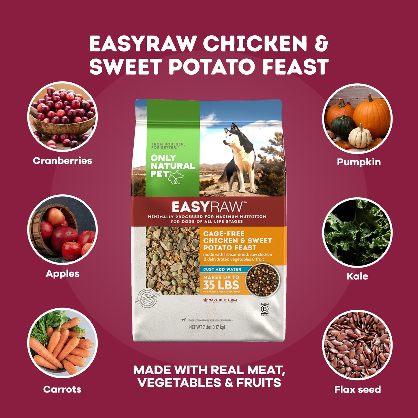 Only Natural Pet - EasyRaw Dehydrated Raw Dog Food Formula, Contains Real Wholesome Nutrition, Low Glycemic, Paleo Friendly, Non-GMO - Chicken & Sweet Potato Flavor - 7 lb Bag (Makes 35 lbs)-C7