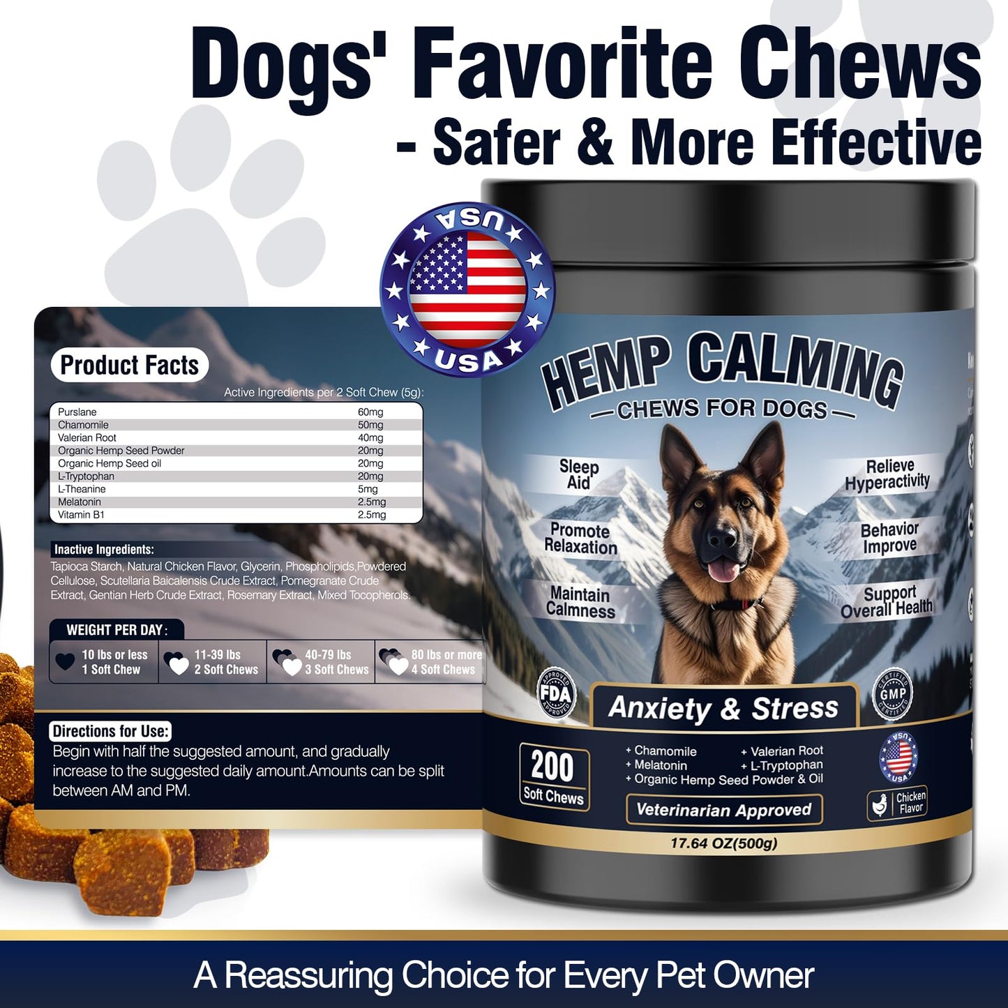 Calming Chews for Dogs 200ct Hemp Dog Calming Chews - Anxiety and Stress Relief Treats Melatonin Bites Sleep Aid for Small/Medium/Large Dogs Calm Dog - Separation, Fireworks, Thunder, Barking,Chewing