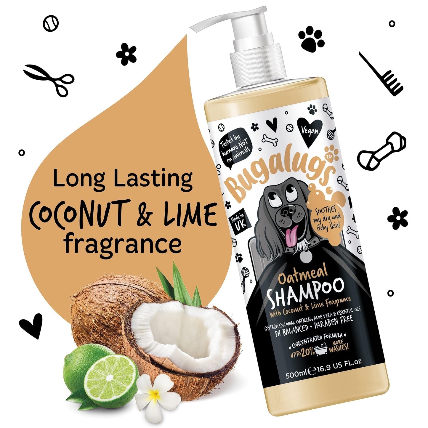 BUGALUGS Oatmeal & Aloe Vera Dog Shampoo Dog Grooming Shampoo Products for Smelly Dogs with Fragrance, Oatmeal Puppy Shampoo, Professional Vegan pet Shampoo & Conditioner