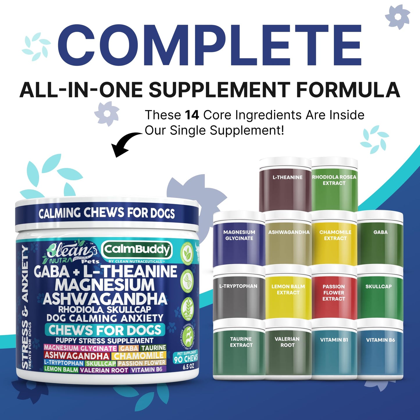 CalmBuddy Calming Chews for Dogs with GABA, L-Theanine, Magnesium, Ashwagandha, Rhodiola & Skullcap – Natural Pet Supplement – 90 Soft Chews – Clean Nutra Pet Formula for All Dog Breeds & Sizes