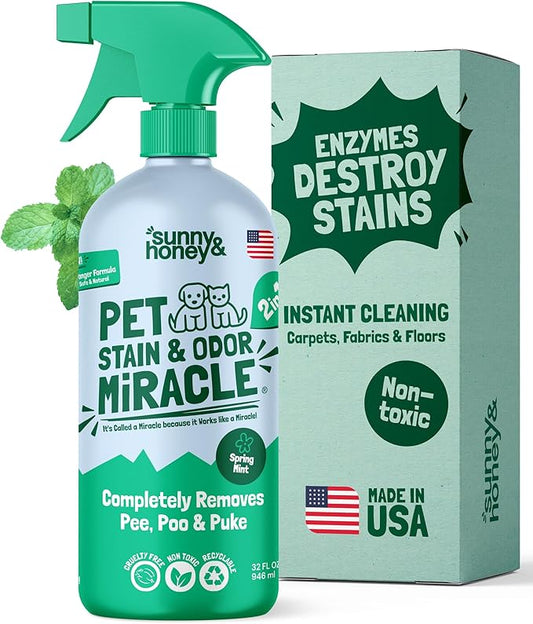 Sunny & Honey Carpet Cleaner - 32 Fl Oz, Spring Mint Scent - Enzyme Cleaner Spray for Pet Stains & Odors - Pet Stain Remover for Carpet, Upholstery & Mattresses