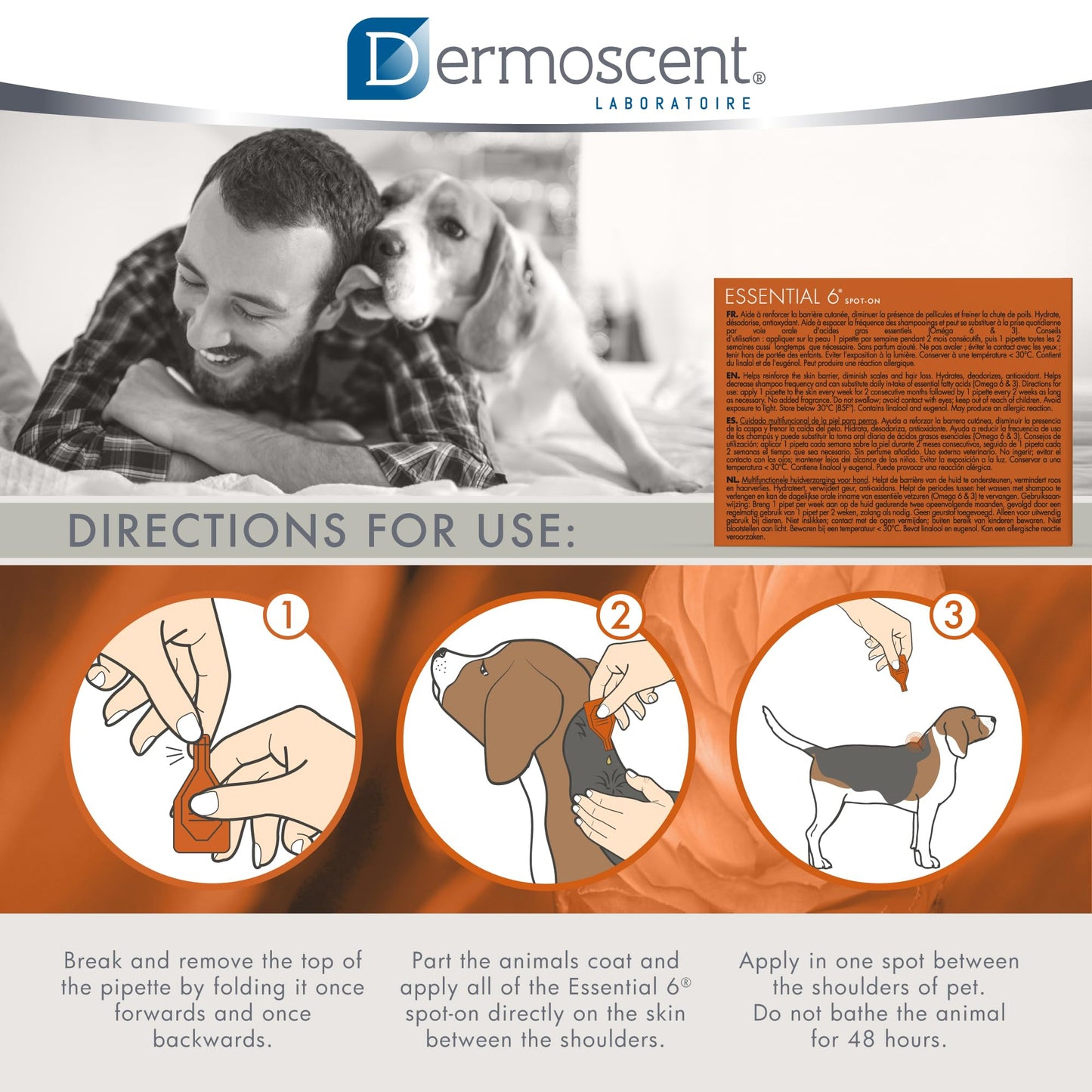 Dermoscent Essential 6 spot-on - Dog Skin Care for Dandruff & Allergy Relief with Vitamin E Oil - Anti Itch for Dogs - Natural Ingredients for Sensitive Skin - Dogs 10-20 kg - 4 Pipettes of 1.2 ml