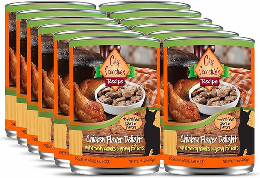 Chef Scoochie's Tender Chicken Chunks in Gravy Wet Cat Food - Easy Open Pop-Top Cans - Protein & Essential Nutrients - Gourmet Meal for Indoor & Outdoor Cats 12 Cans (14 oz e.)