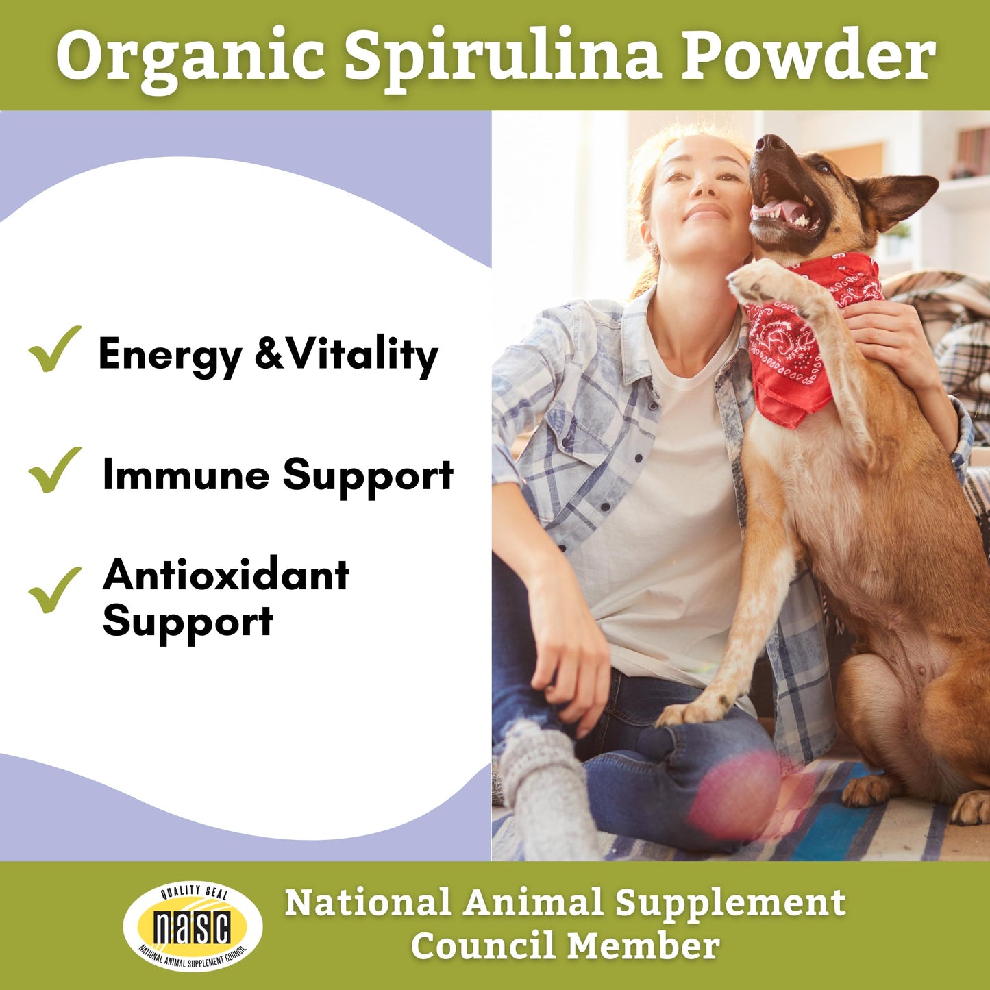 Wholistic Pet Organics Spirulina for Dogs - 3 Oz - Supports Healthy Immune System & Seasonal Allergy - Plant Based Antioxidant Support for Homemade Food - Organic Dog Food Topper - Freshly Made in USA