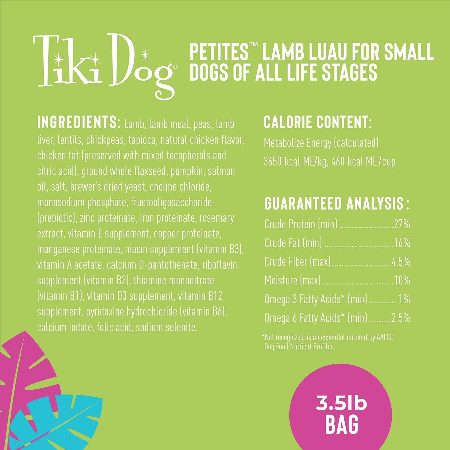 Tiki Dog Born Carnivore for Dogs, Savory Lamb, Peas & Lentils Recipe, Grain Free Baked Kibble for Maximum Nutrition, For Adult Dogs and All Size Breed Dogs, 3.5 lbs. Bag