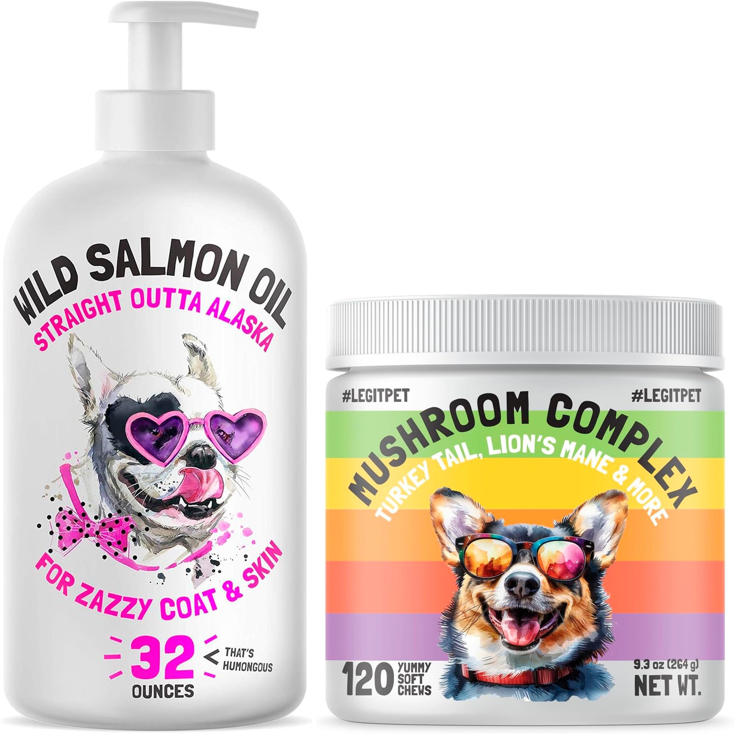 Wild Alaskan Salmon Oil for Dogs & Cats 32 oz and Mushroom Complex Treats for Dogs with Reishi Shiitake and Turkey Tail Mushrooms for Cognition and Immune Boosting Supports 120 Chews