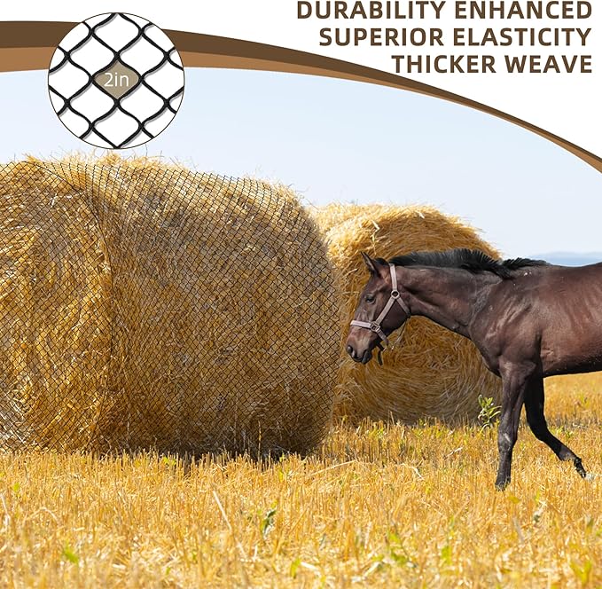 Large Round Bale Hay Net for Horses, 6x6 Ft Knotless Slow Feeder Hay Nets for Horses and Livestock, Black Heavy Round Bales with 2 inches Hole for Horses, Cattle, Sheep in Farms and Pastures