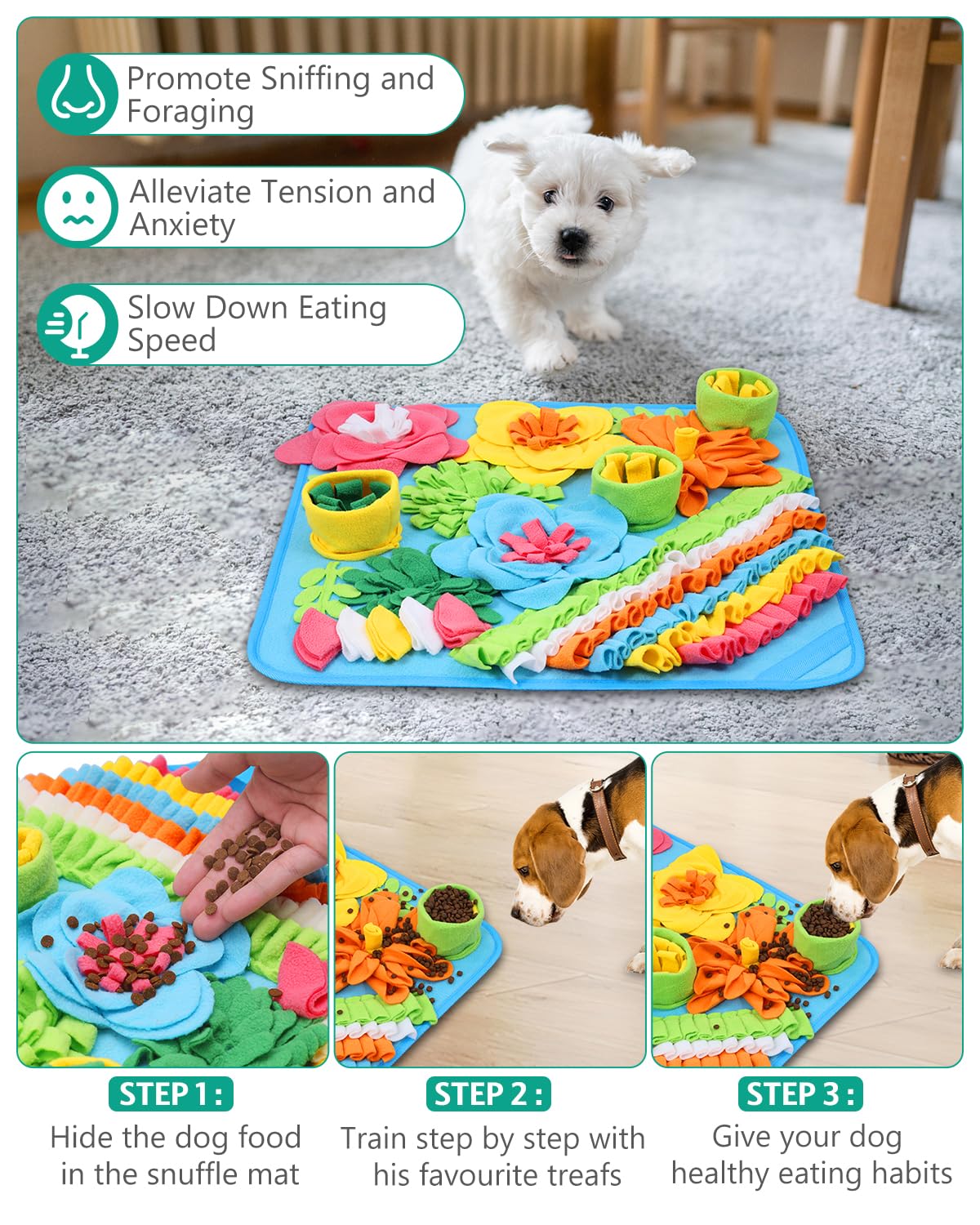ORIA Snuffle Mat for Dogs, Interactive Slow Feeder & Foraging Mat, Enrichment Puzzle Toys for Boredom, Keep Busy, Treats Feeding Game for Small Medium Dogs, 15.4x15.4 inch