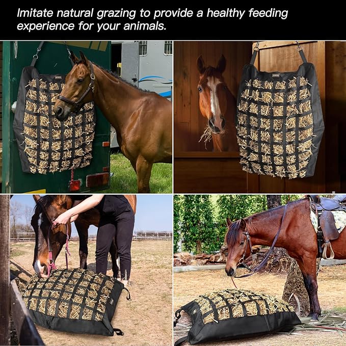 Hay Bag for Horses,Slow Feeder Hay Bag for Gound Feeding,Heavy Duty Oxford Hay Feed Bag for Horses Goats Cows Donkeys with Large Opening and Adjustable Strap for Easy Filling and Hanging