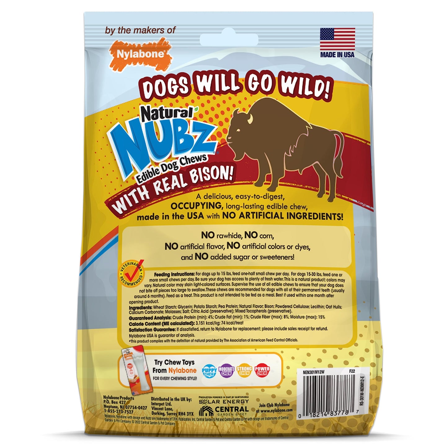 Nylabone Nubz Wild Natural Dog Chew Treats for Small Dogs, Long Lasting Healthy Dog Chew Bones Made in USA, Bison Flavor, for Dogs Up to 25 lbs. (12 Count)