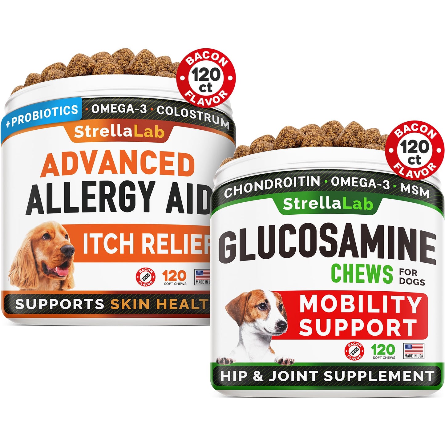 Advanced Allergy & Itch Relief + Glucosamine Dogs Bundle - Skin & Coat Health - Fish Oil Omega 3 & Probiotics + Chondroitin, MSM - Anti-Itch & Hot Spots + Hip & Joint Care - 240 ct - Made in USA