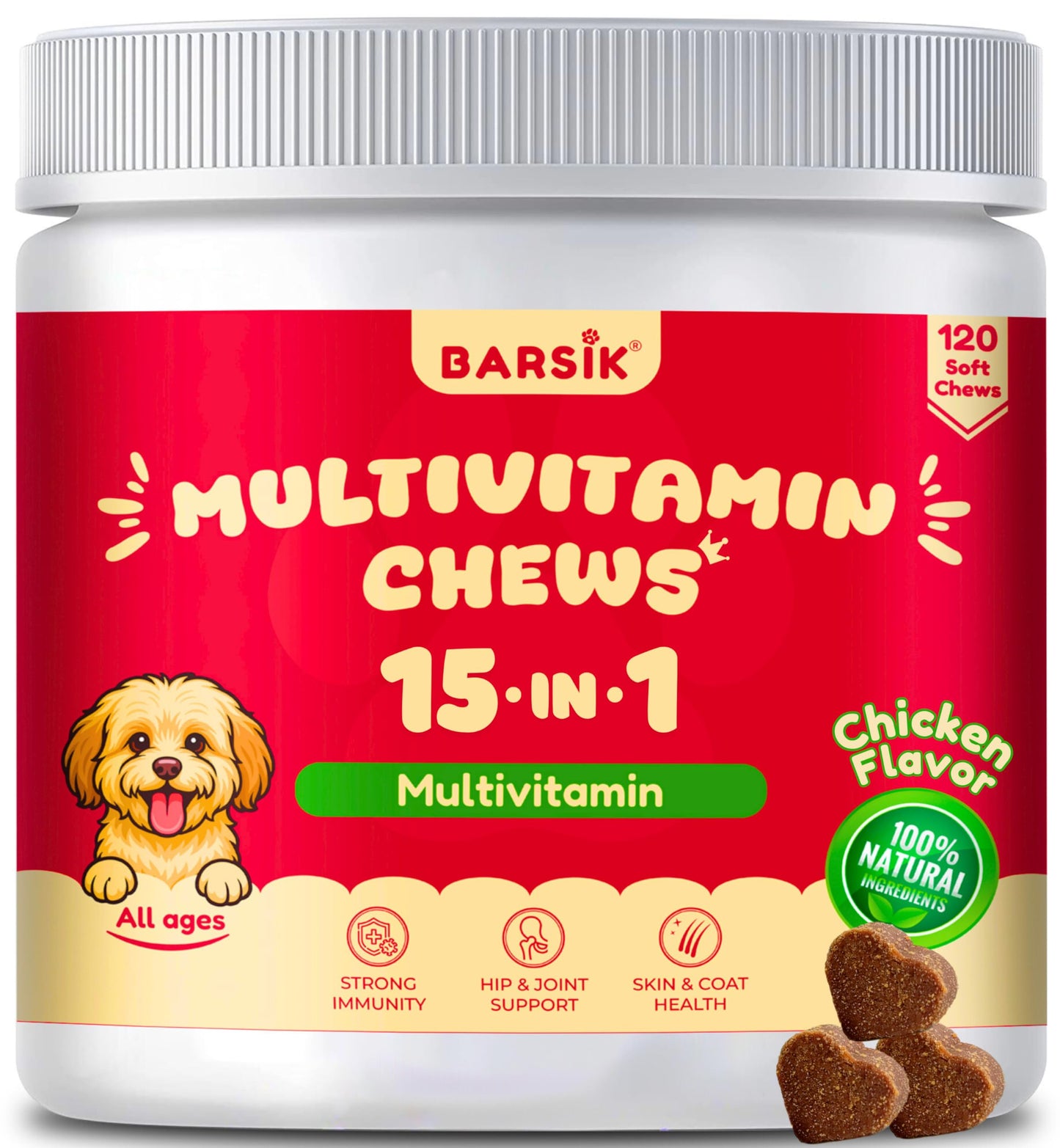 Dog Multivitamin, Chewable Dog Vitamins and Supplements for Hip & Joints, Skin & Coat, Omega 3 Oil for Dogs Immune, Heart & Digestive Health, Senior & Puppy Multivitamin - Chicken Flavor - 120ct