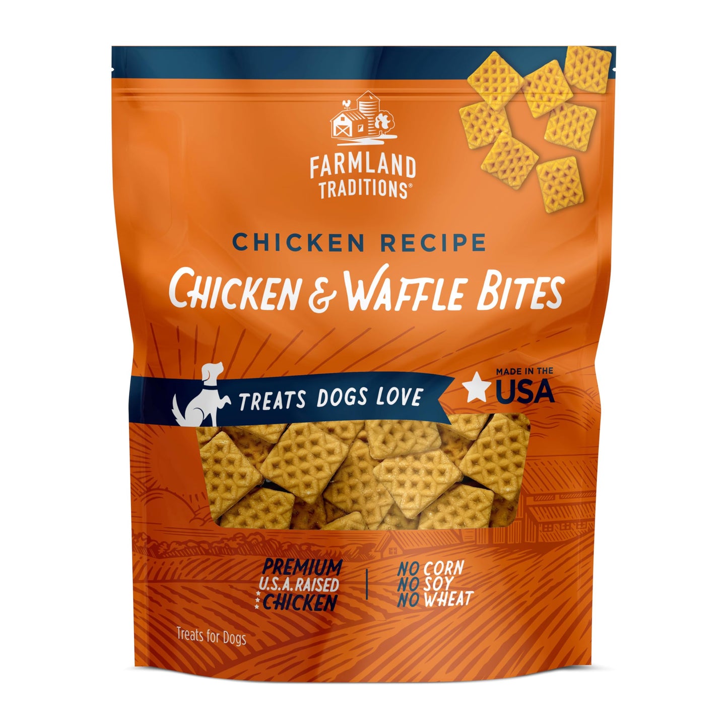 Farmland Traditions Chicken & Waffle Bites, Gluten-Free Dog Treats, Made in USA for All Breeds & Sizes, 1 Pound Bag