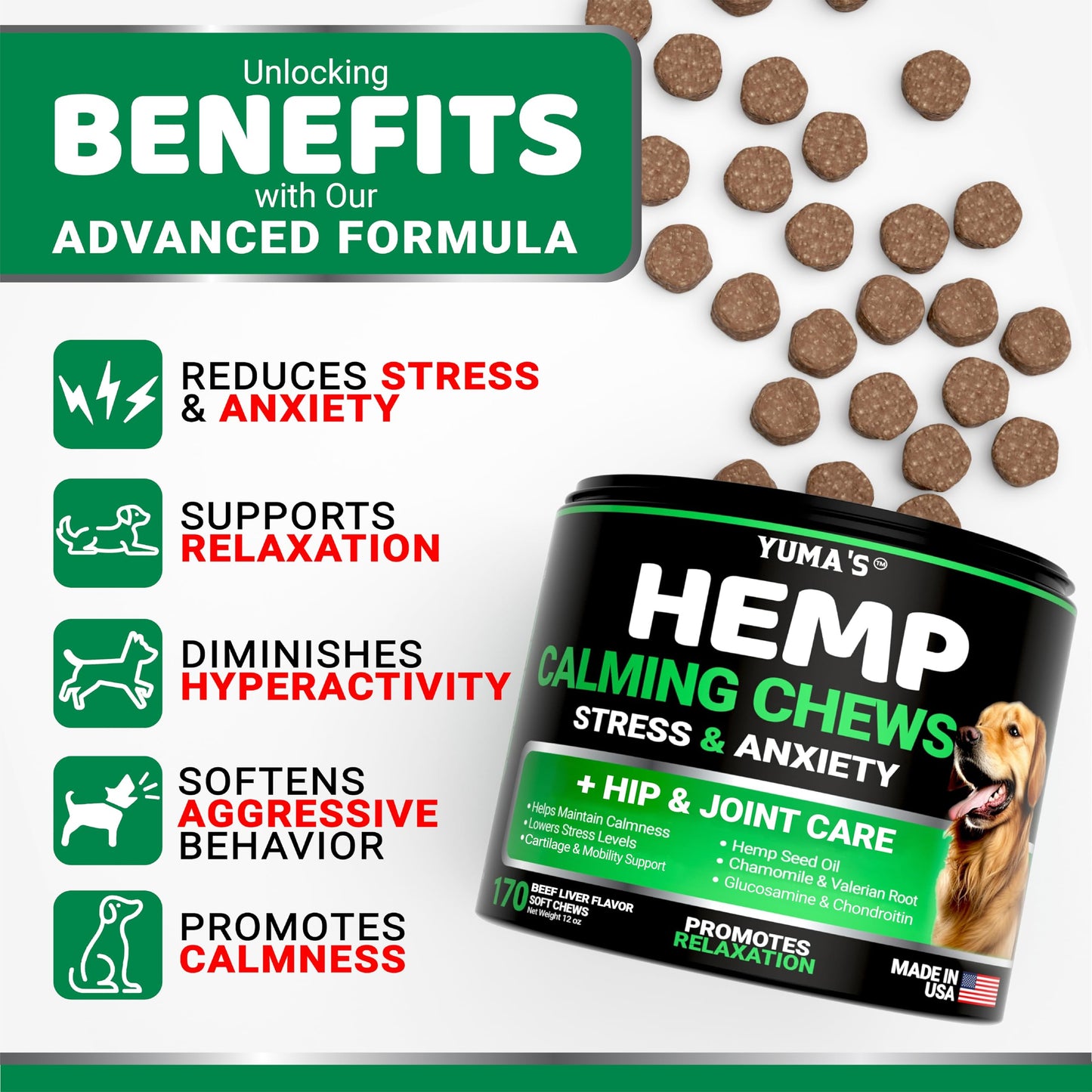 Hemp Calming Chews for Dogs - Advanced Dog Calming Chews - 170 Treats - Anxiety Relief Treats - Hemp Oil - Separation Aid, Stress, Hip and Joint Supplement for Canine Health Support - Beef Flavor