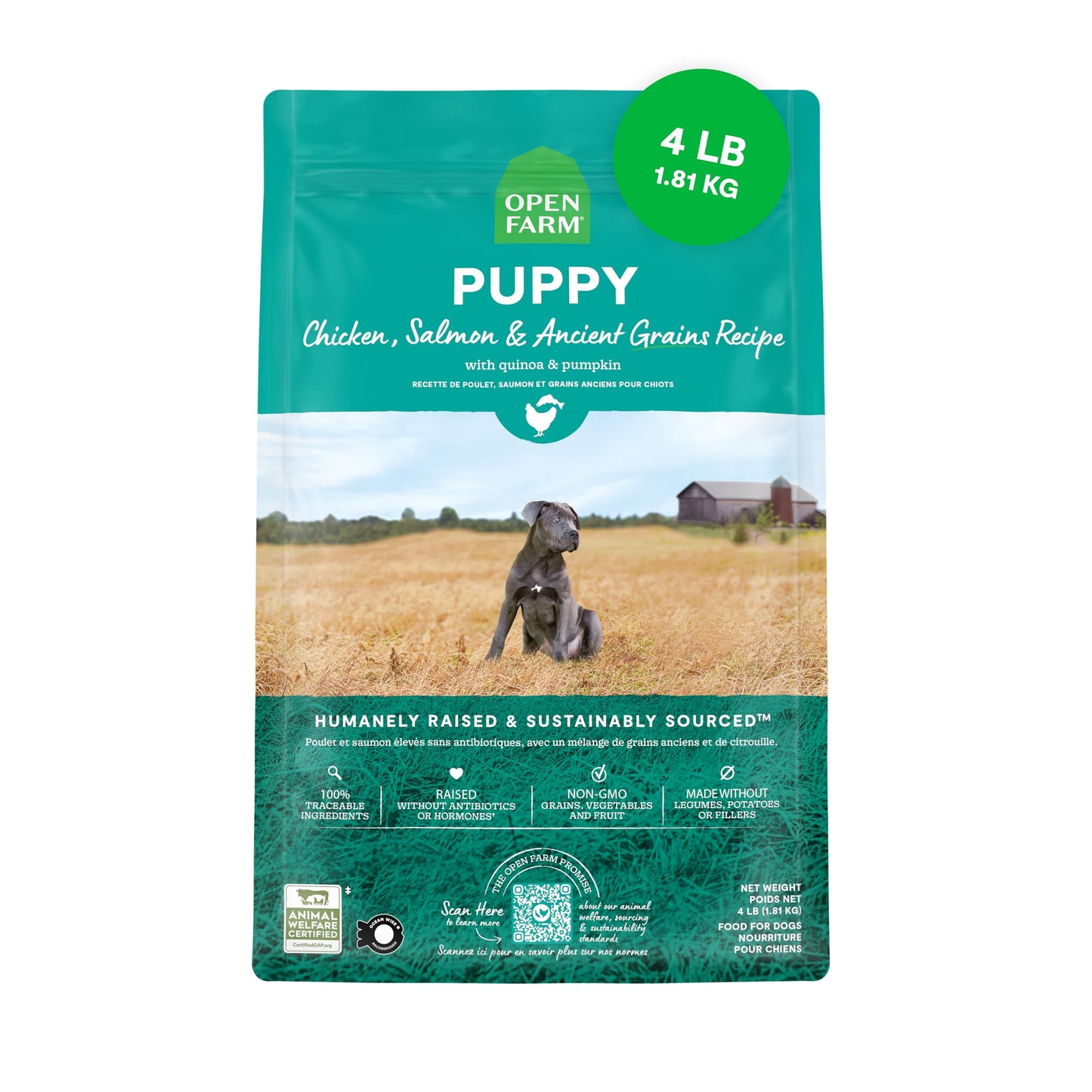 Open Farm, Ancient Grains Dry Dog Food for Puppies, Protein-Rich & Nutrient Dense, 90% Animal Protein Mixed with Non-GMO Fruits, Veggies and Superfoods, Chicken & Salmon Recipe for Puppy, 4lb Bag