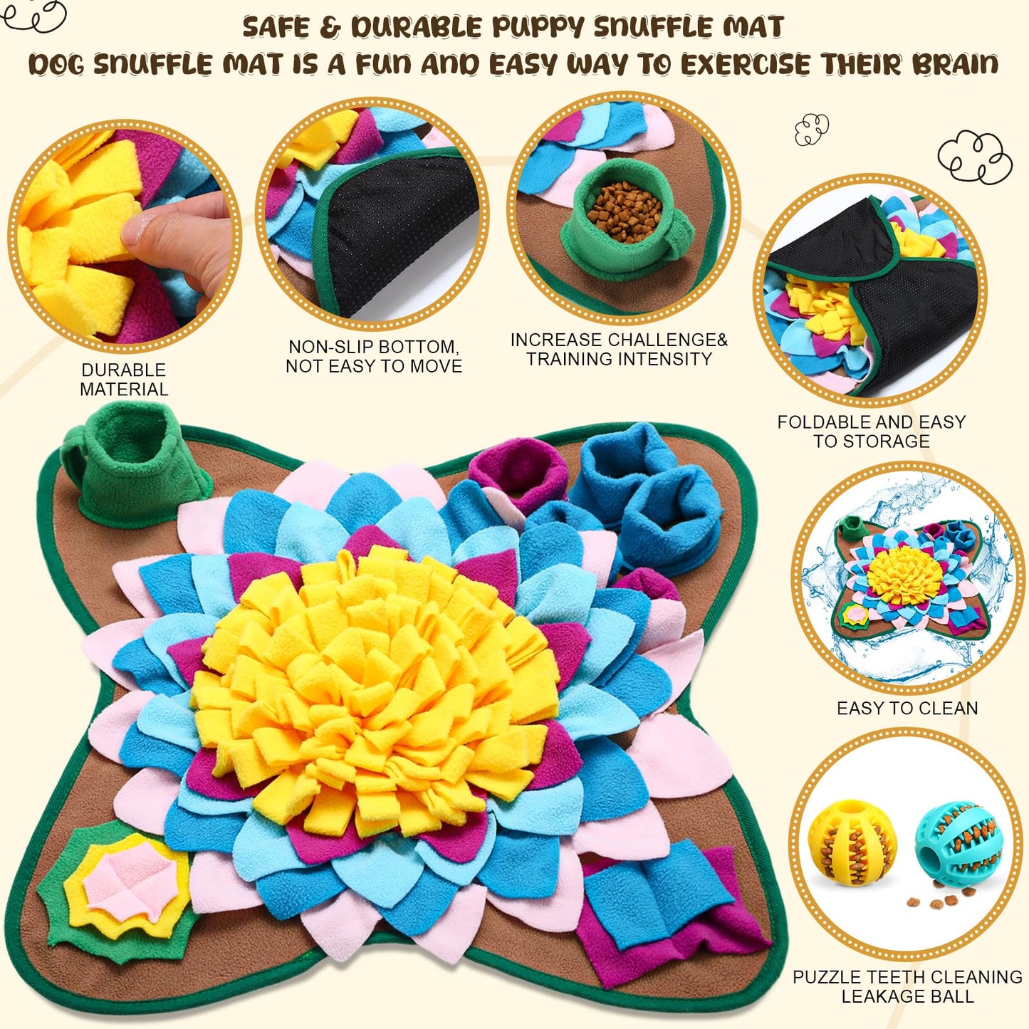 Arrowbash Snuffle Mat for Dogs Cats 18.8 x 18.8 Inch Interactive Sniff Feeding Mat with 2 Pack Toy Balls for Small & Medium Puppies, Encourages Natural Foraging Skills, Training and Stress Release