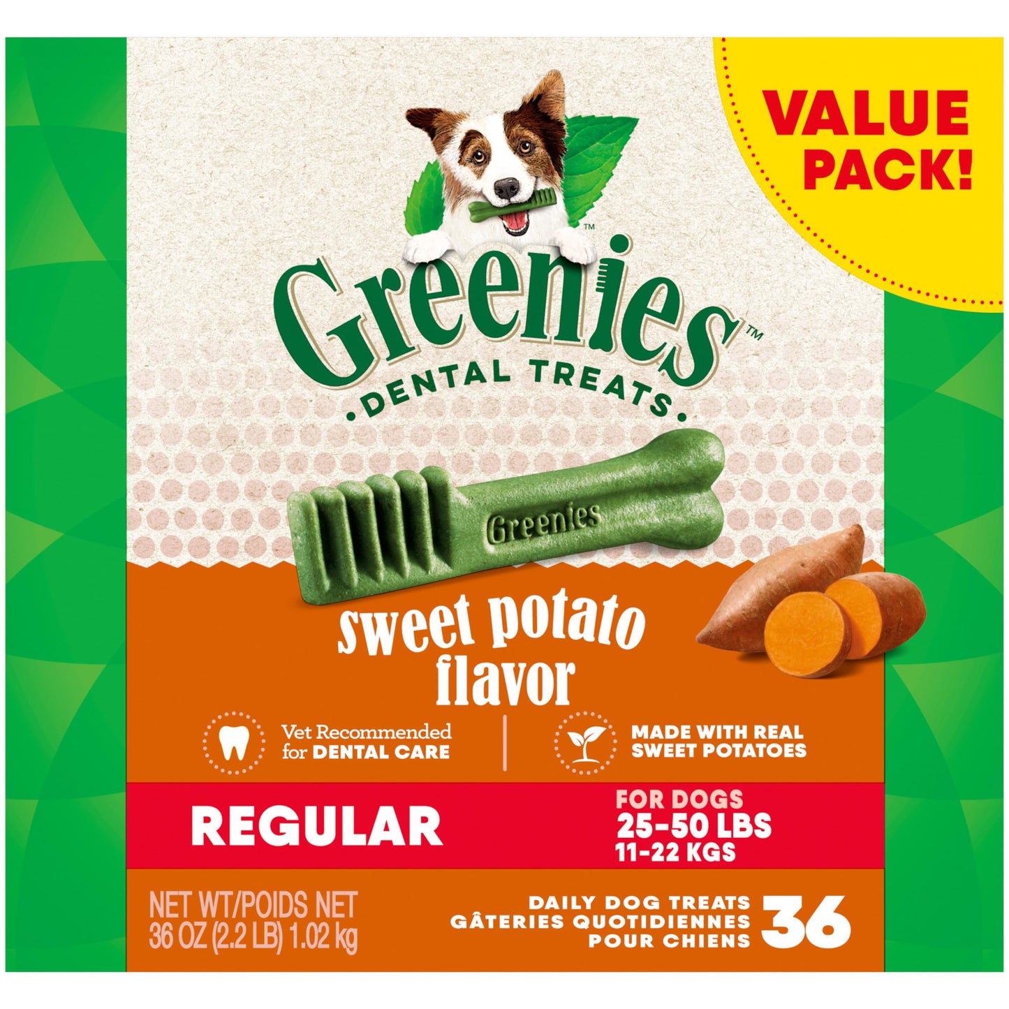 Greenies Regular Dental Dog Treats, Sweet Potato Flavor, 36 oz. Pack (36 Treats)