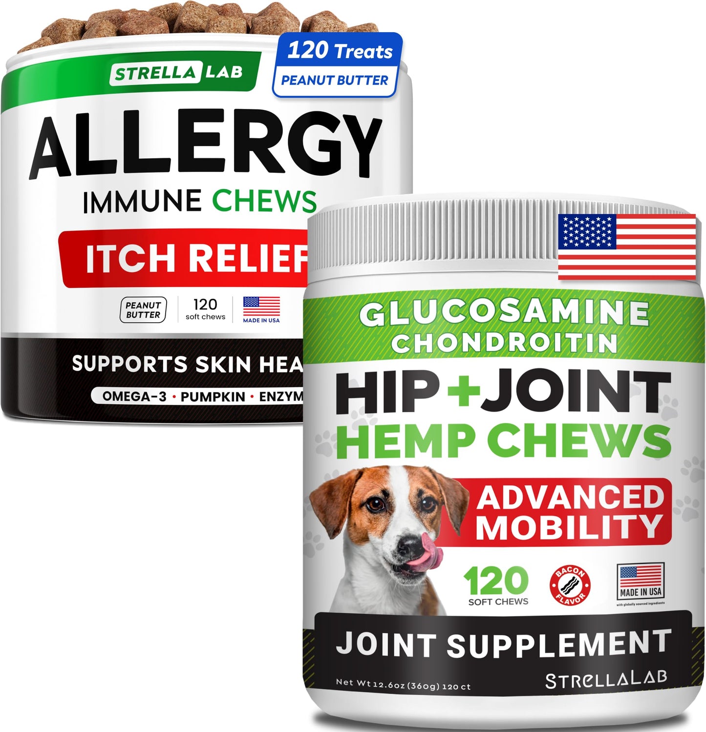 Allergy Relief + Hemp + Glucosamine Dogs Bundle - Itchy Skin Treatment + Hip Joint Pain Relief - Omega3 & Pumpkin + Chondroitin, MSM - Allergy Supplement + Advanced Mobility Hemp - 240ct - Made in USA