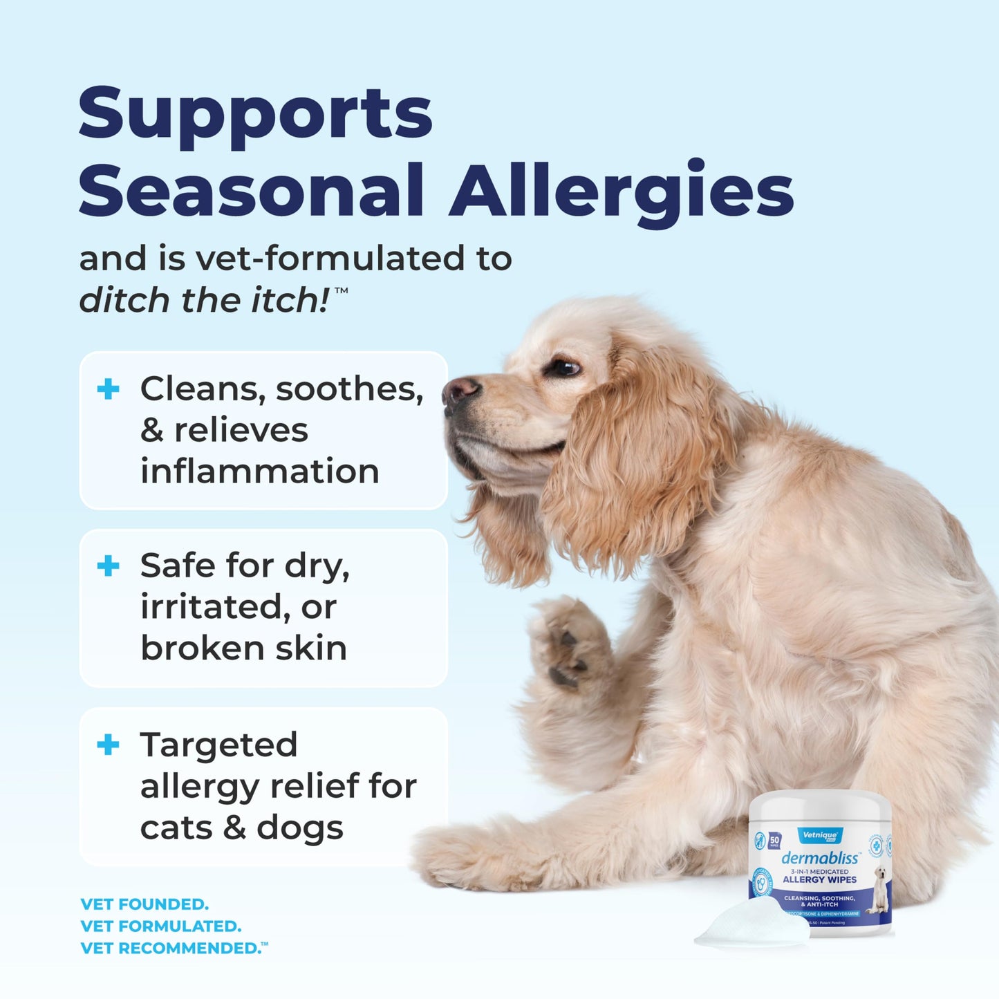 Vetnique Dermabliss 3-in-1 Medicated Dog Wipes - Relief for Itchy Skin, Allergies & Odor Control, Gentle No-Sting Formula, Antihistamine & Hydrocortisone Paw Wipes for Dogs & Cats 50 Count
