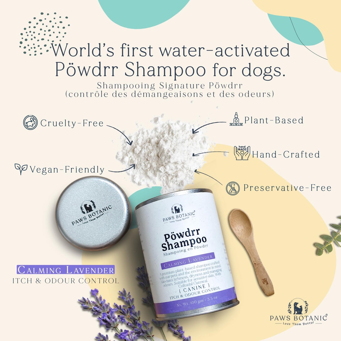 Paws Botanic Unscented Dog Dry Shampoo, Powder Shampoo for Dogs, Regular Skin & Coat, 3.5 oz with Bamboo Spoon (Itch & Odour Control)