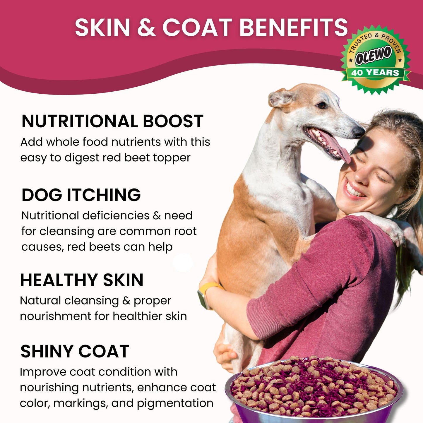 Olewo Red Beets for Dogs Granular – Natural Anti Itch Dog Food Topper, Immune, Cleansing, Skin & Coat Support, Dehydrated Whole Food Multivitamin & Fiber, 22 oz