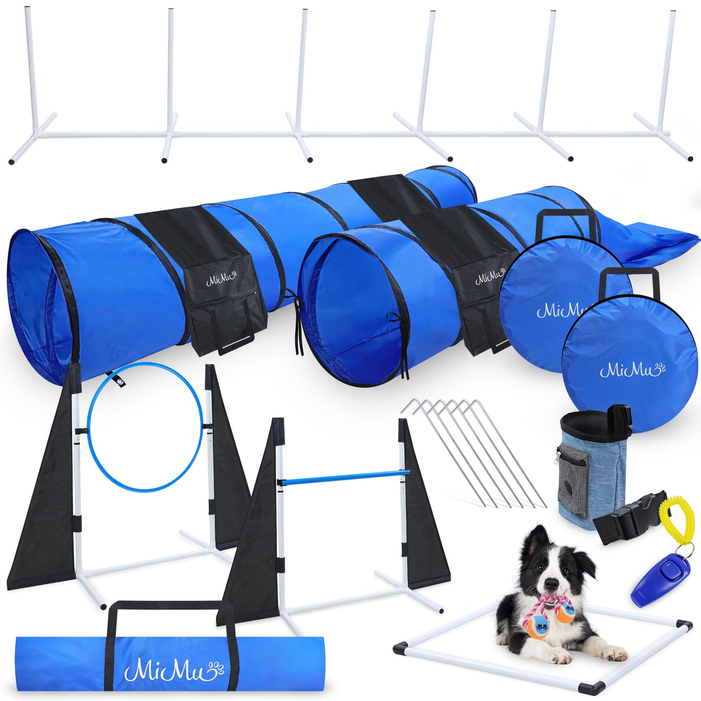 MiMu Dog Agility Equipment 10pc Obstacle Course - Customizable Dog Agility Training Equipment and Obstacle Course, Dog Agility Course Including Tunnels, Weave Poles, and Hurdles