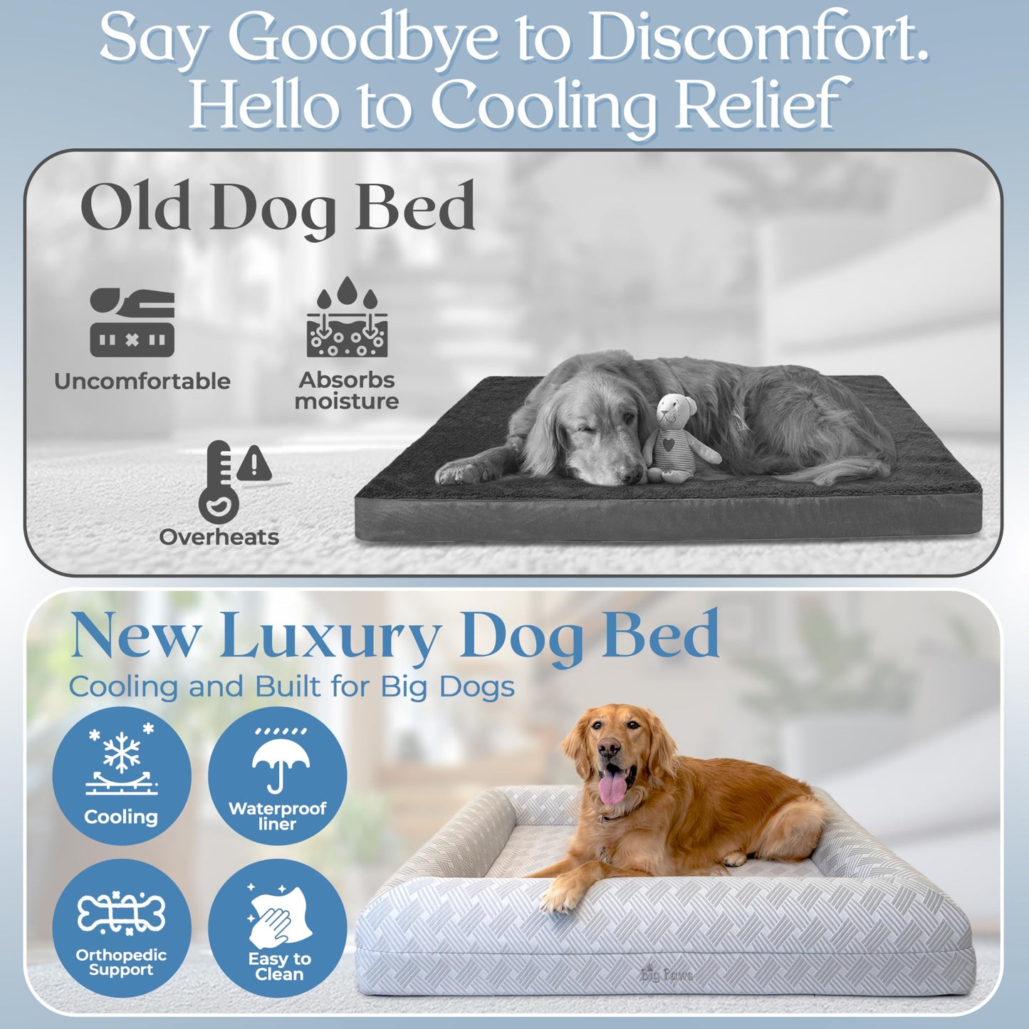 Big Paws Large Cooling Orthopedic Dog Bed for Large Dogs - Ice Silk Cooling Cover, 5 Waterproof Liners, Non-Slip Bottom, Raised Bolsters, Machine Washable Dog Bed - Gray