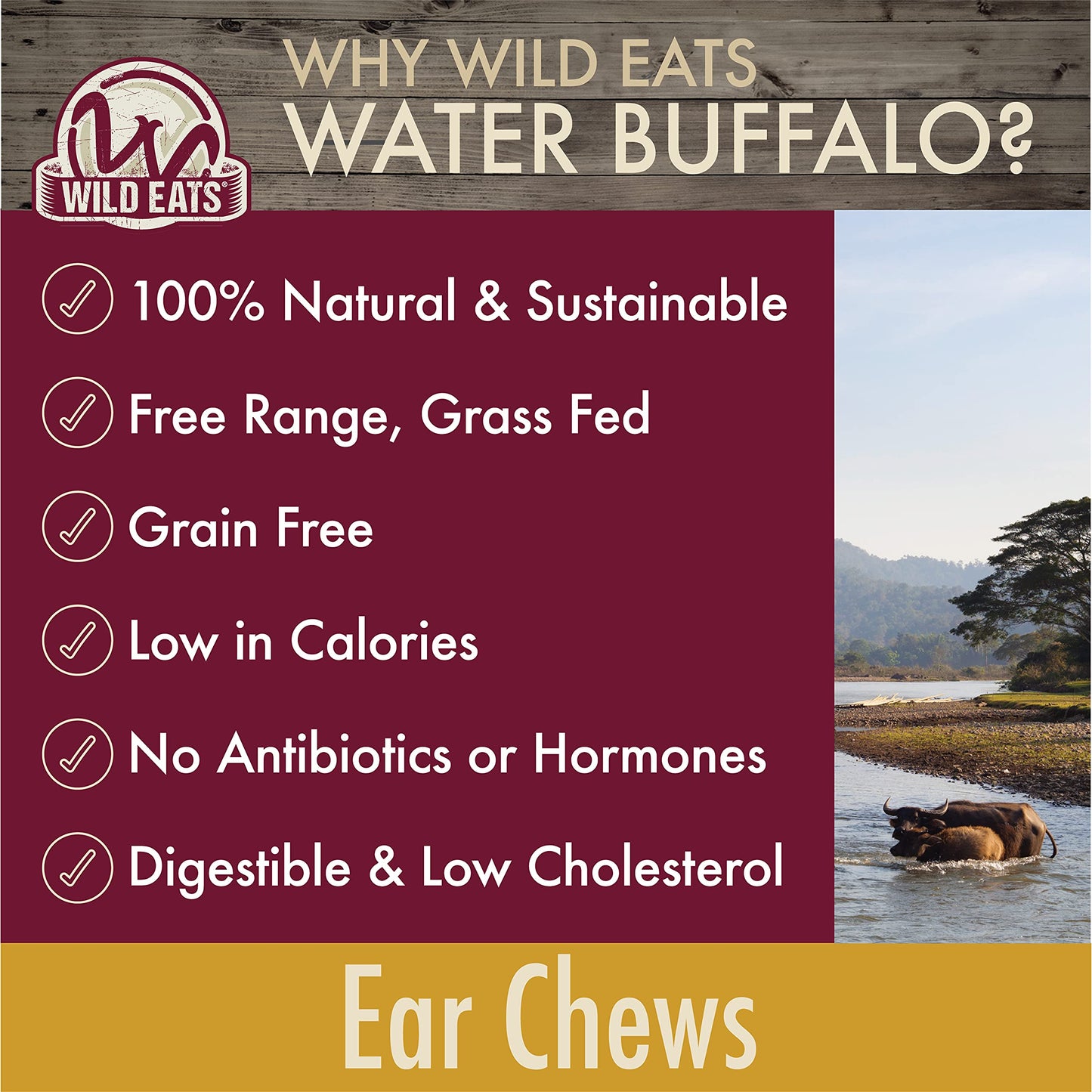 Wild Eats Water Buffalo All Natural Ear Dog Chews, Dog Treats & Snacks - 20 Piece Value Pack (Grain Free Treats - Great Alternative to Pig Ears, Cow Ears, Bones & Rawhides)