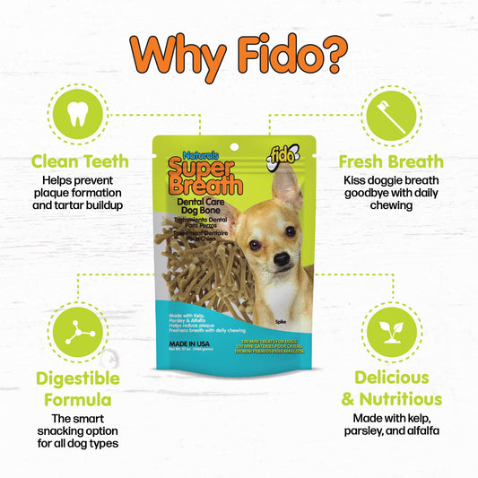 Fido - Super Breath Dental Care Bones for Dogs - 100 Count Mini Dog Dental Treats for Extra Small Dogs, Made in USA, Tasty Dog Dental Chews Help Reduce Plaque, Tartar Buildup & Freshens Breath