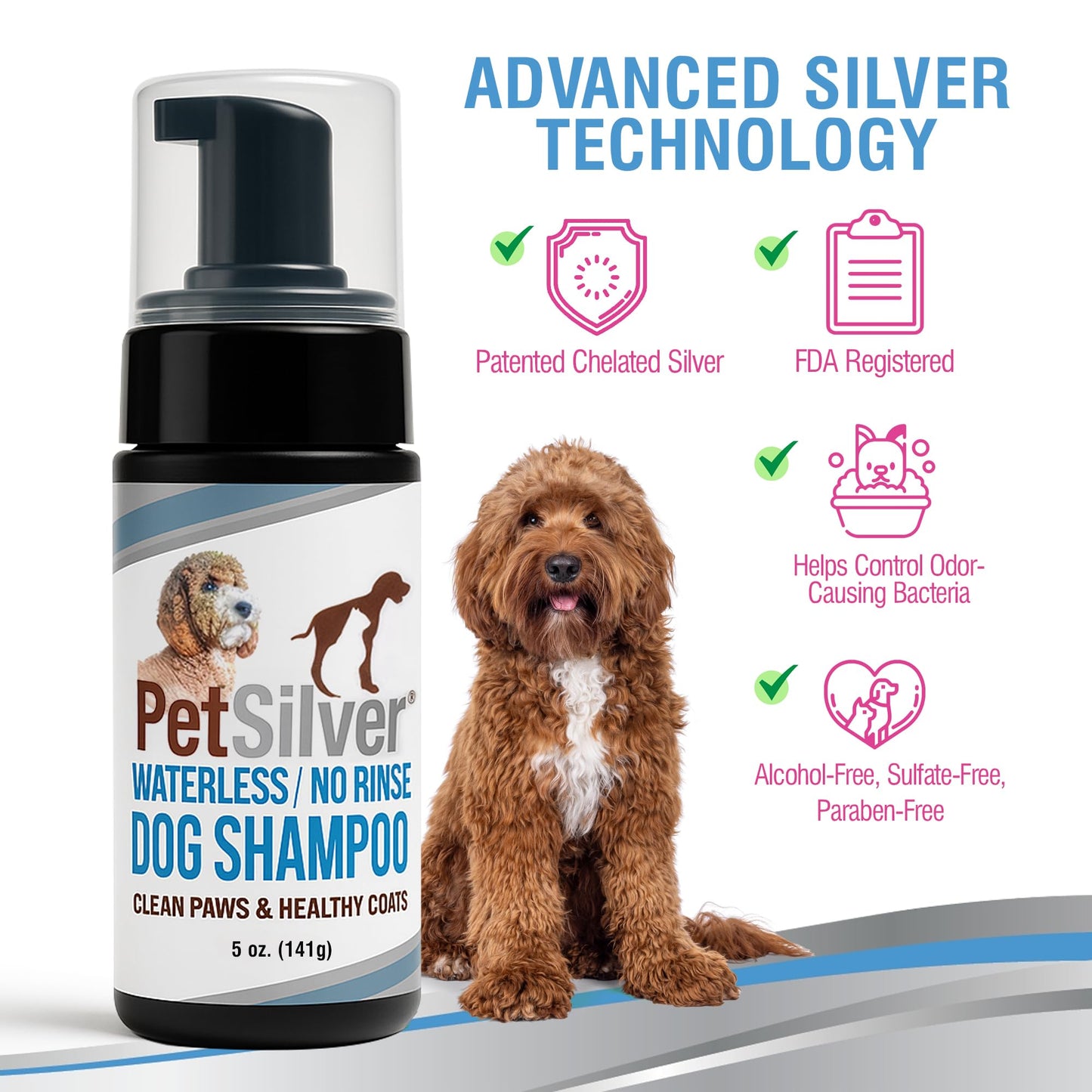 PetSilver Waterless Dog Shampoo - No Rinse Bath & Dry Shampoo for Dogs - Odor Control for Smelly Coats - Cleans, Conditions & Moisturizes - Hypoallergenic & Fragrance-Free - Patented Silver - 5 fl oz