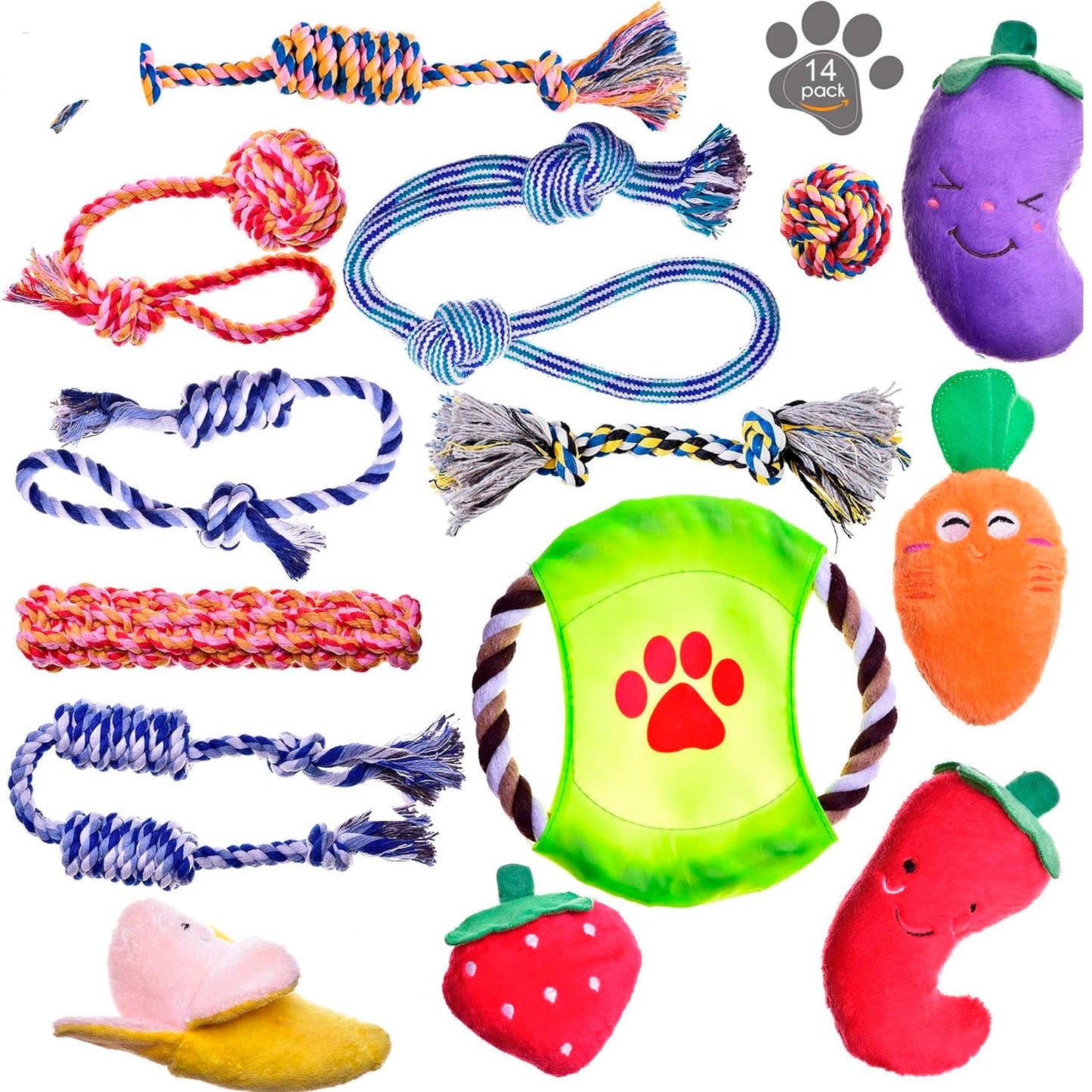Dog Chew Toys - Puppy Teething Toys - Rope Toy Pack for Small Dogs - Tug Toy - Toy Set - Washable Cotton Rope for Dogs (Pack of 14)
