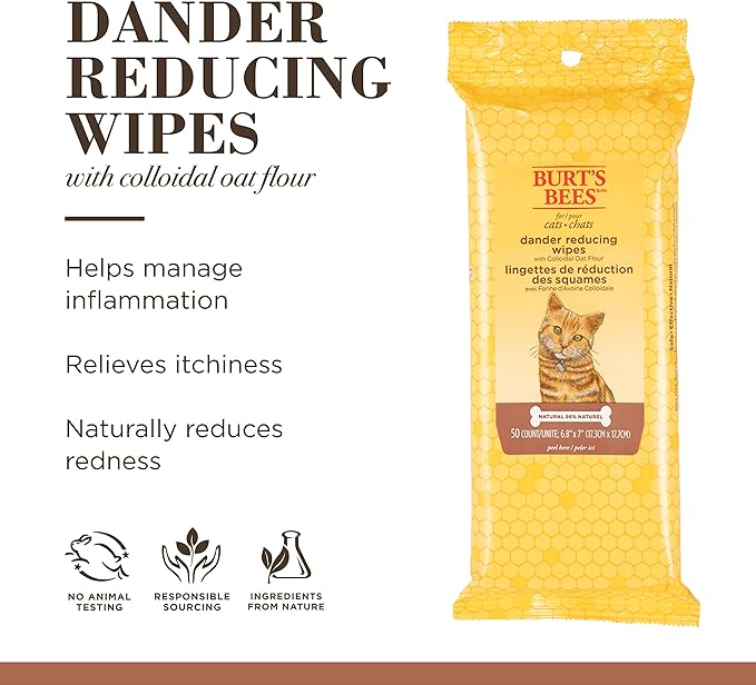 Burt's Bees for Pets Cat Dander Remover Wipes with Colloidal Oat Flour - Pet Dander Remover Cat Wipes for Allergy Relief, Dry Skin Relief for Cats and Kittens, 50 Count - 6 Pack