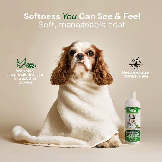 Green Coat Nourishing 2 in 1 Dog Shampoo and Conditioner– Natural Shine Formula with Caviar, Aloe & Bergamot for Sensitive Skin, Moisturizes & Protects, 16oz Bottle, Made in USA