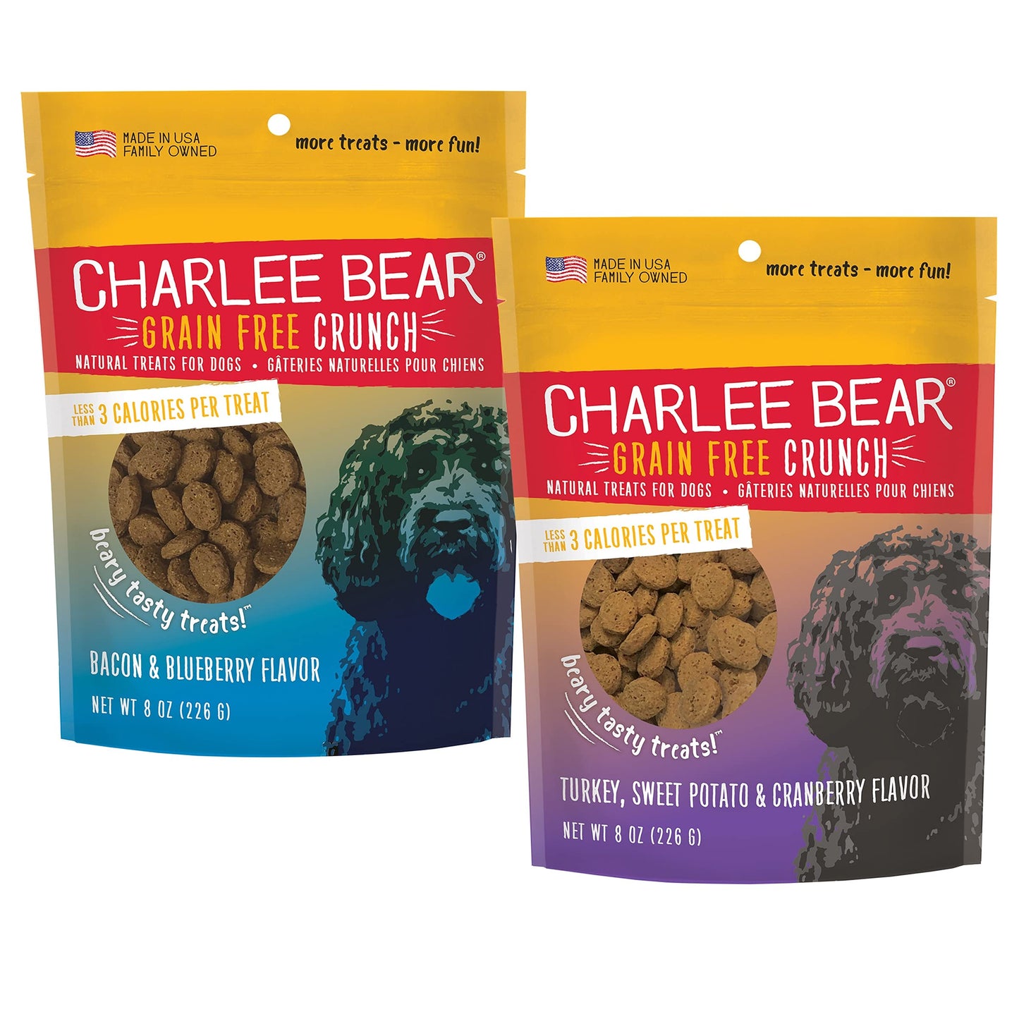 Charlee Bear Dogs Training Treat, Crunchy, Low Calorie, Grain Free Dog Treats, Made in USA, Best for Small and Medium Breeds, Bacon Blueberry & Turkey Sweet Potato Cranberry 2 Pack 8oz Each