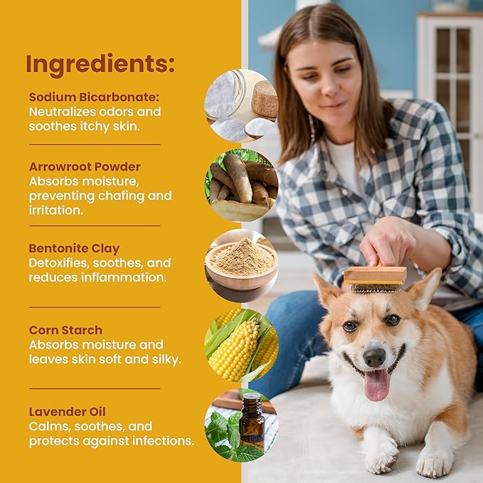 Dog Coat Care Powder | Made in USA | Waterless Dry Shampoo & Deodorizer for Smelly Dogs, Anti-Itch Relief for Dry Itchy Skin, No Rinse Formula with Lavender Oil & Bentonite Clay