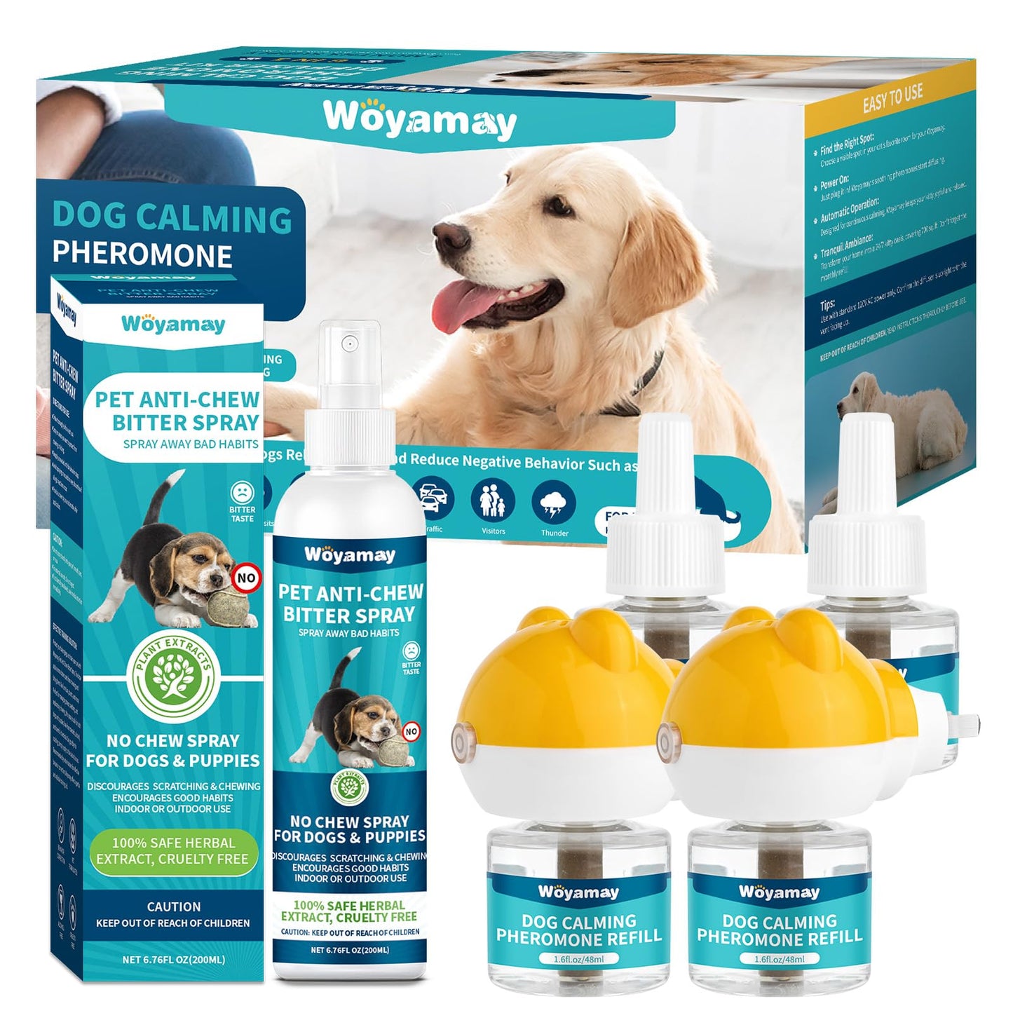 Woyamay No Chew Spray for Dogs 200ML + Dog Calming Diffuser with 2 Diffuser + 4 Refill 48ml - Bitter Apple Spray to Stop Chewing Licking of Furniture, 6-in-1 Dog Pheromone Diffuser Kit to Calm 120Days