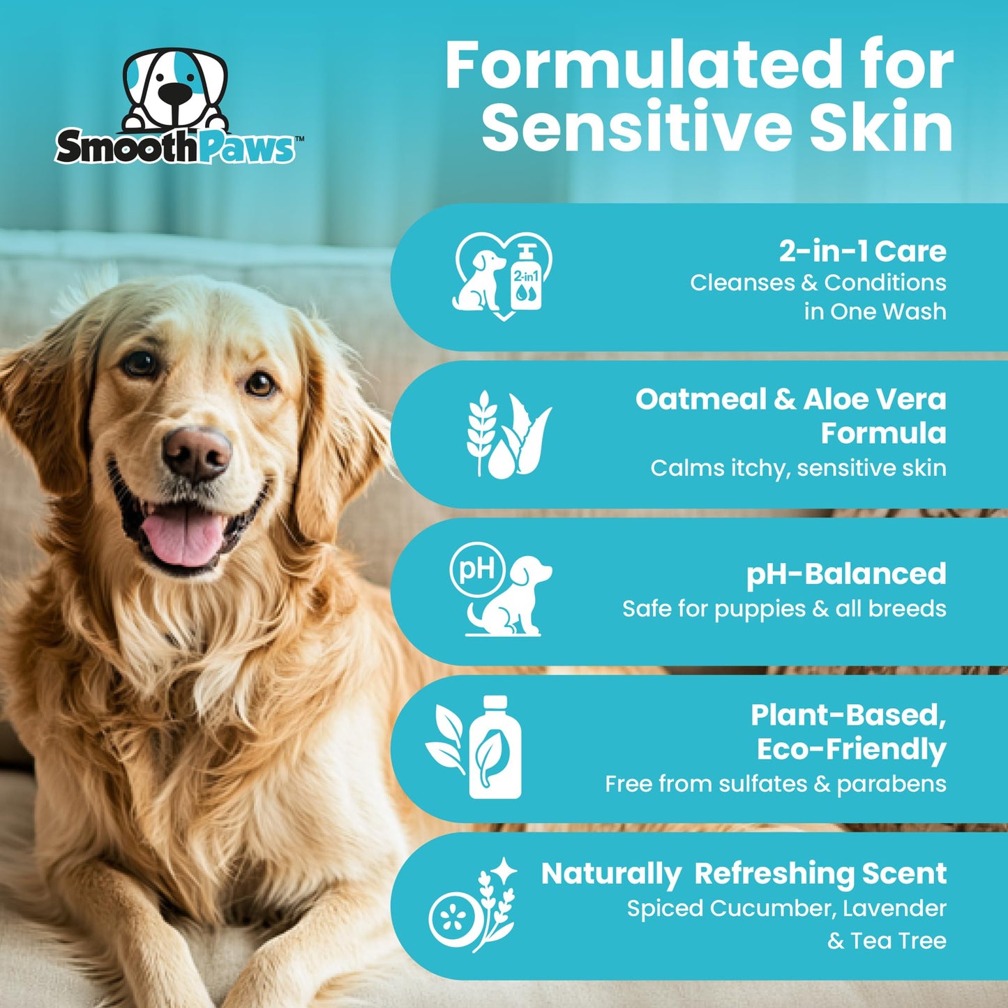 2-in-1 Natural Dog Shampoo & Conditioner – pH-Balanced for Dogs & Puppies | Gentle Oatmeal & Aloe Vera Formula for Sensitive Skin | Spiced Cucumber, Lavender & Tea Tree Scent | 16.9 oz | Smooth Paws