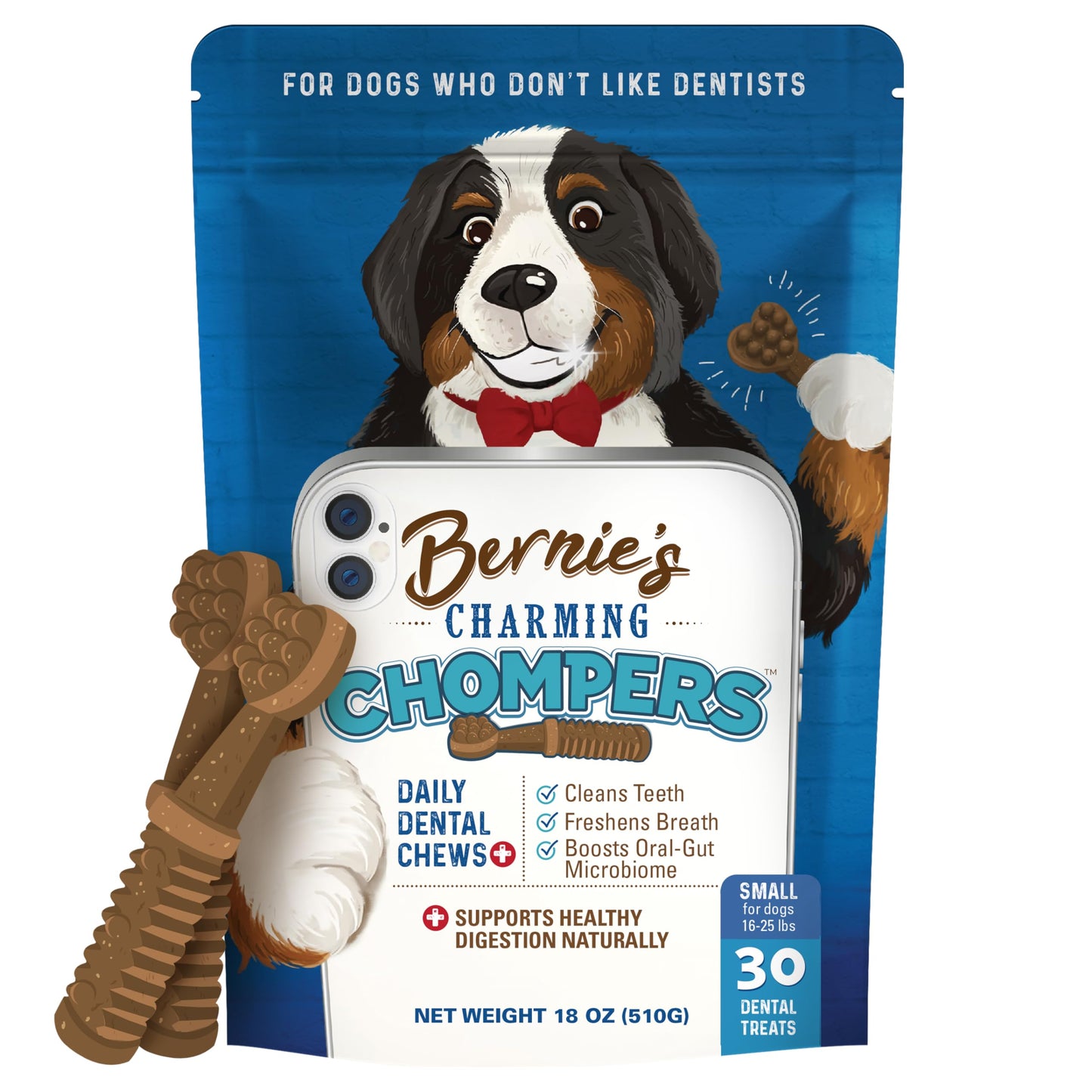 Bernie's Charming Chompers - Daily Dental Chews for Dogs 15-25 Lbs. - 30 Count - Cleans Teeth, Freshens Breath, + Boosts Oral-Gut Microbiome. Easy to Digest, Supports Healthy Digestion Naturally