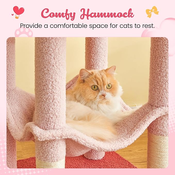 MWPO Cute Cat Tree, 63.8-Inch Pink Cat Tower for Indoor Cats, Multi-Level Cat Condo with 5 Scratching Posts, 2 Perches, Hammock, Dangling Toys